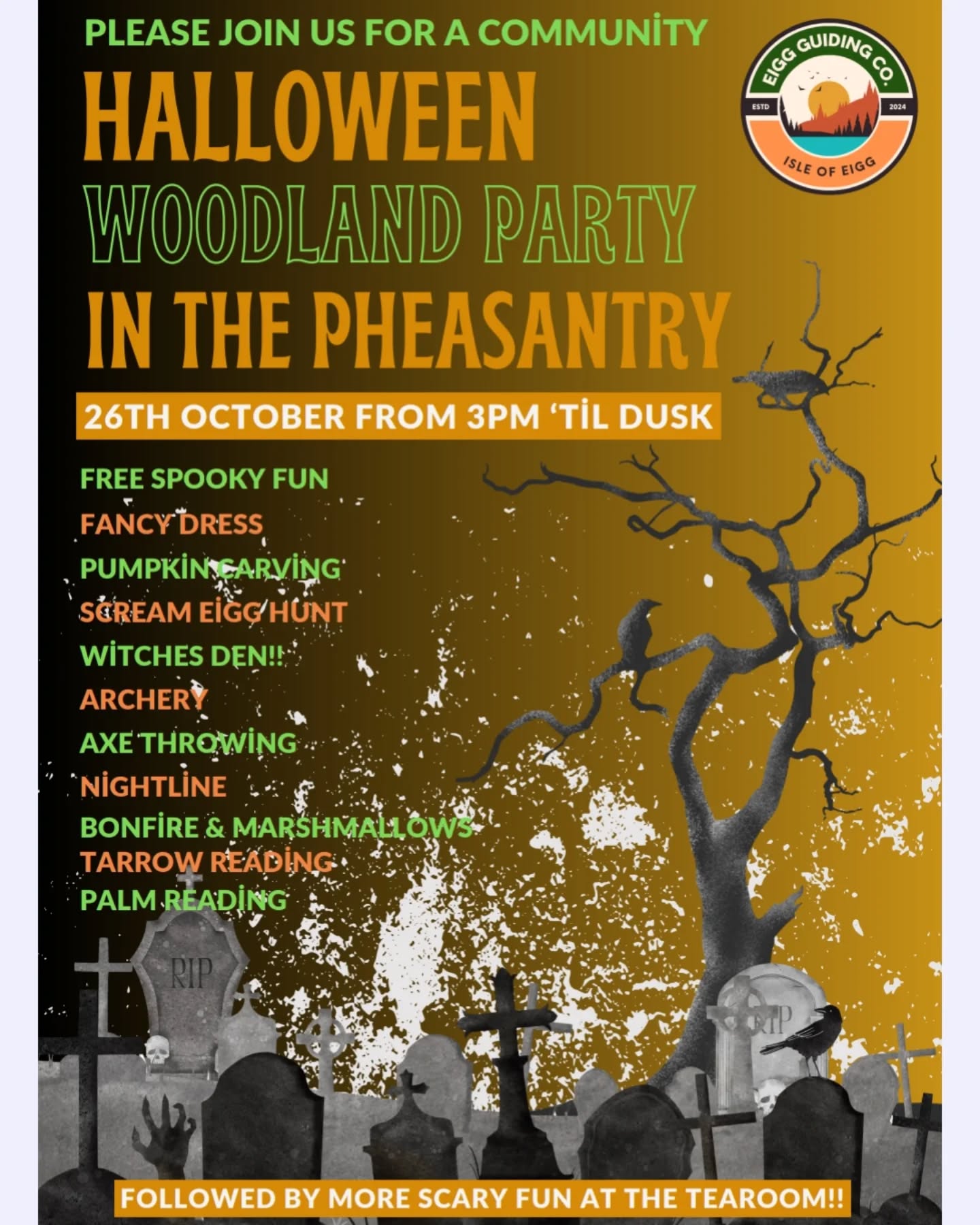 Saturday 26th
AMENDED OPENING HOURS
1PM - 3PM
Our neighbours @eiggguiding have organised some Halloween fun tomorrow - and we want to go too!
So, we're closing at the earlier time of 3pm. If you can't make it down to us before we close, get in touch and we can arrange delivery etc.
Eigg Shop x