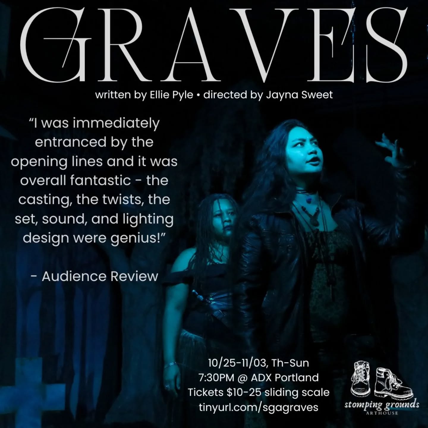 Audiences were enchanted by GRAVES at our preview last night. Join us tonight for OPENING NIGHT and experience the magic for yourself!
Tonight @planetarytimes will be with us at 7PM to play some haunting folky tunes in our spooky forest before the show begins at 7:30. Tickets are sliding scale, $10-25 available online or at the door.
Come to @adxportland at 7PM tonight for the perfect spooky season show!
📸: @giannapbasile
•
•
•
•
•
#portlandtheatre #originalplay #newworks #halloweenevent