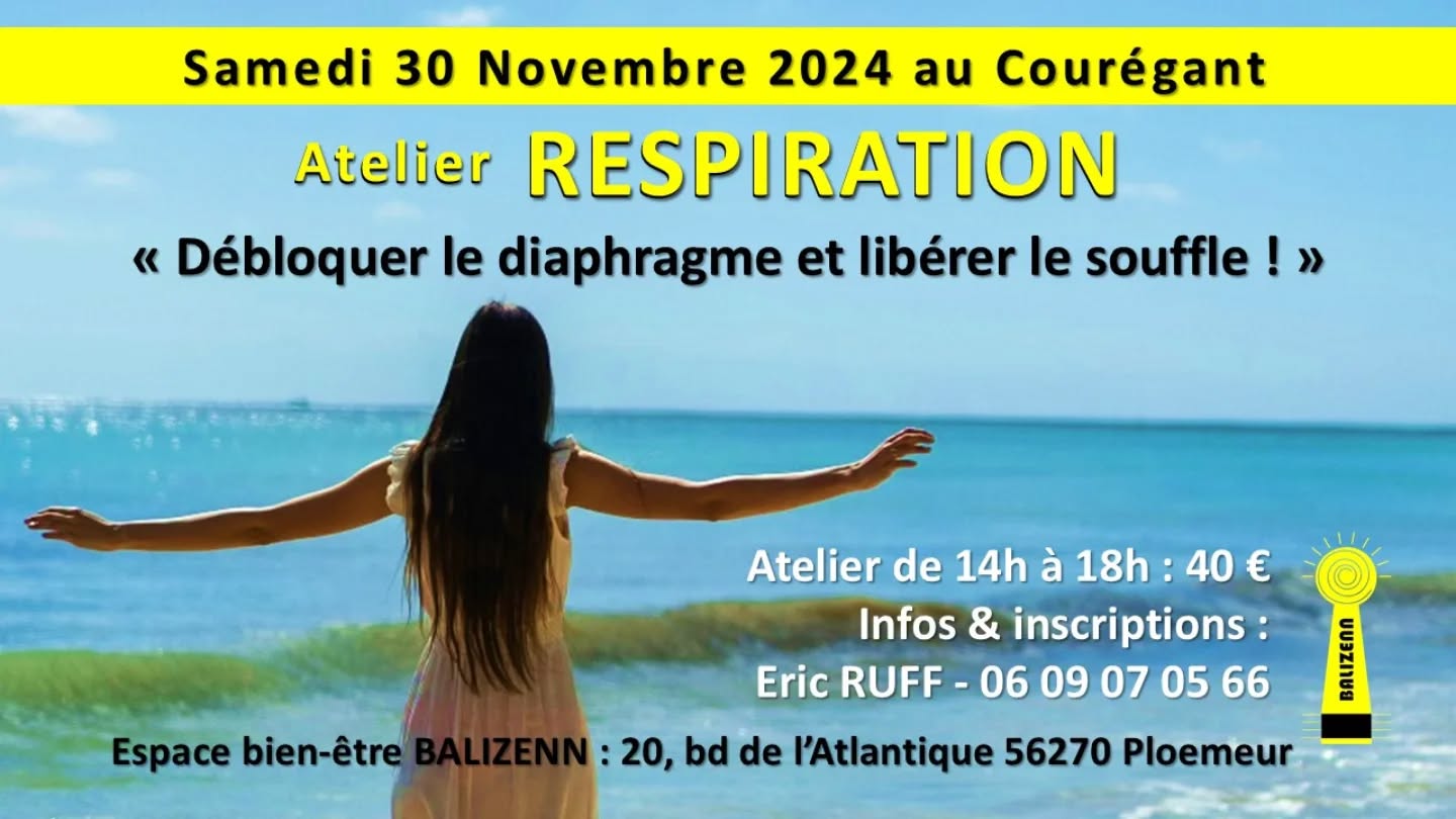 Un atelier spécial consacré au déblocage du diaphragme !
30 nov. 2024, 14:00 – 18:00
Ploemeur, 20 Bd de l'Atlantique, 56270 Ploemeur, France
Un après-midi dédié au principal muscle de la respiration - le diaphragme - et à la façon de le débloquer quand on est stressé grâce à des exercices de respiration simples et accessibles. L'objectif de cet atelier consiste à permettre à chacune et chacun de libérer son souffle ! Tarif : 40 €
Infos et inscriptions sur mon site web www.ericruff.fr ou par sms zéro6 09 07 05 66
Au plaisir de vous y accueillir !
Éric Ruff
#respiration
#bien-être
#Ploemeur