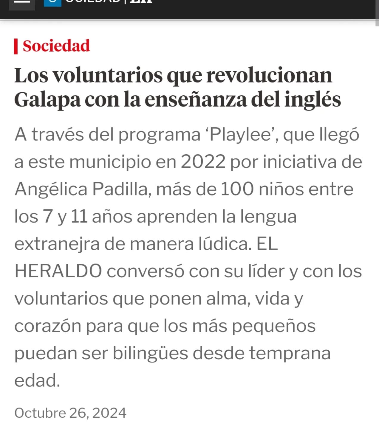 La Fundación @youth.colombian.leaders busca formar líderes con sentido social e impactar vidas a través del voluntariado. Gracias a todos nosotros voluntarios por apoyar el programa @playlee_ycl en Colombia, nos sentimos orgullosos de que el Heraldo reconozca nuestro trabajo. @angelicapadillaba gracias por liderar PLAYLEE en la costa! Let's go PLAYLEE! Ver la noticia completa https://www.elheraldo.co/sociedad/2024/10/27/los-voluntarios-que-revolucionan-galapa-con-la-ensenanza-del-ingles/