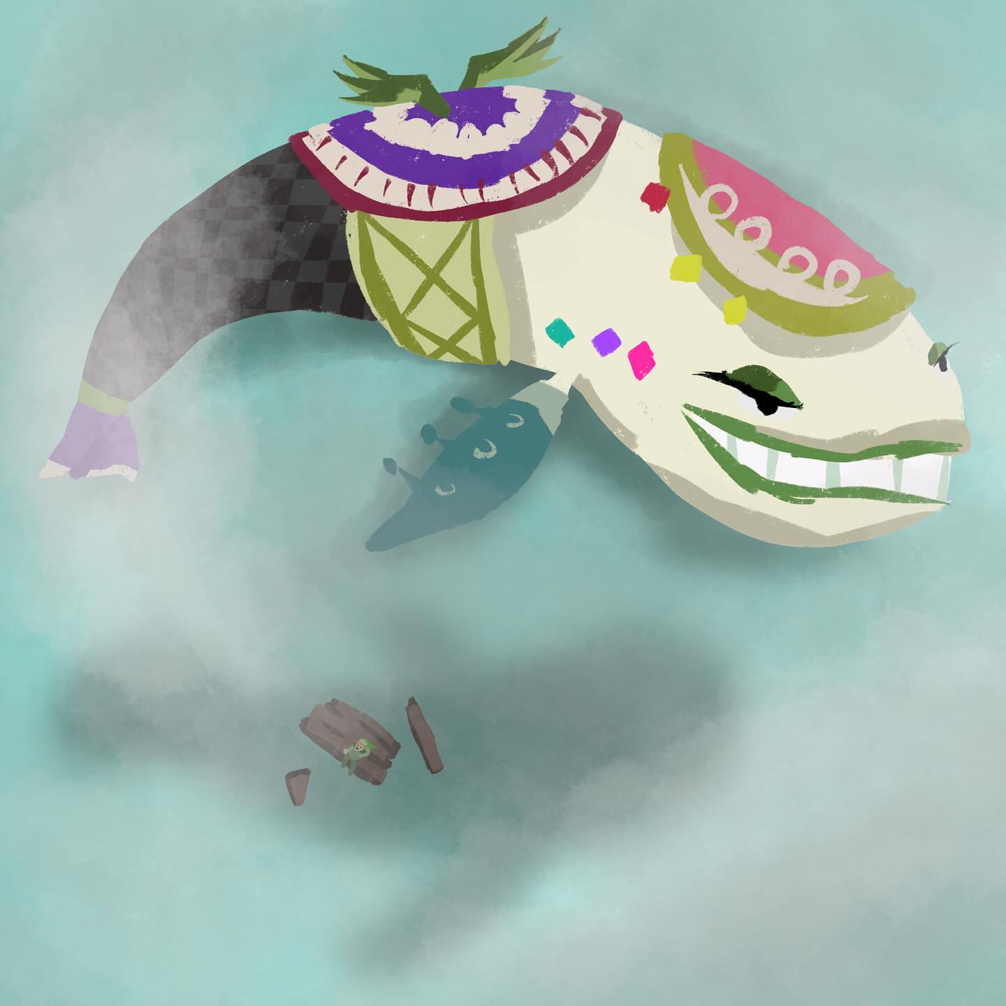 WHY DID I PICK SUCH A DIFFICULT FISH TO DRAW 😭. #inktober day 28 part 2, Links awakening is my favourite Zelda game, so I had to draw the ending with the wind fish flying above link. The only issue is why the windfall fish is SO DIFFICULT TO DRAW! I’ve done it to flat. There are a few I want to redo of once October is over and this is definitely one.