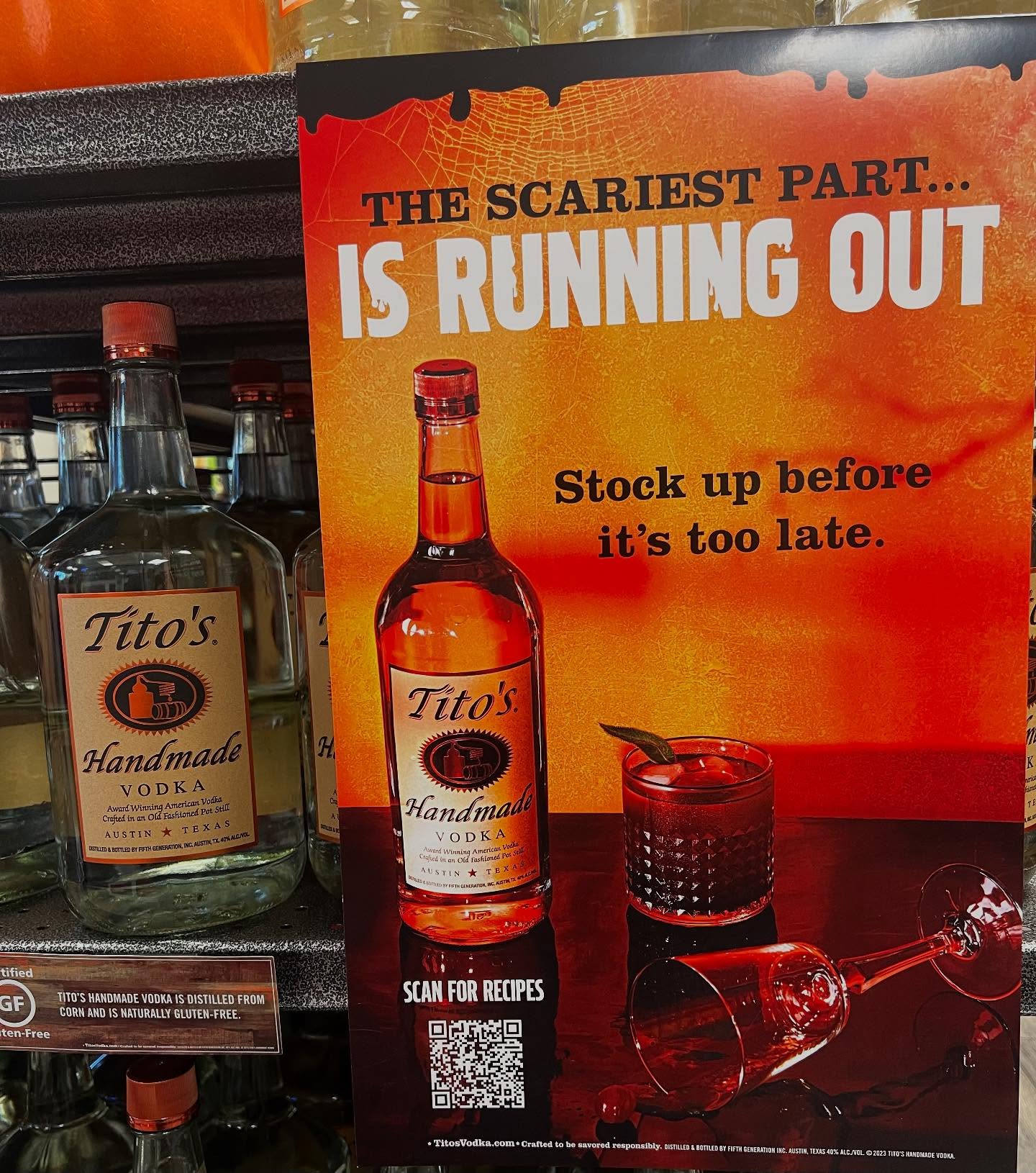 Fear not we always have plenty of every size in stock so you can keep booosing. #titoshandmadevodka #vodka #halloween #onlyonaugusta #keepcalmandkeepdrinking
