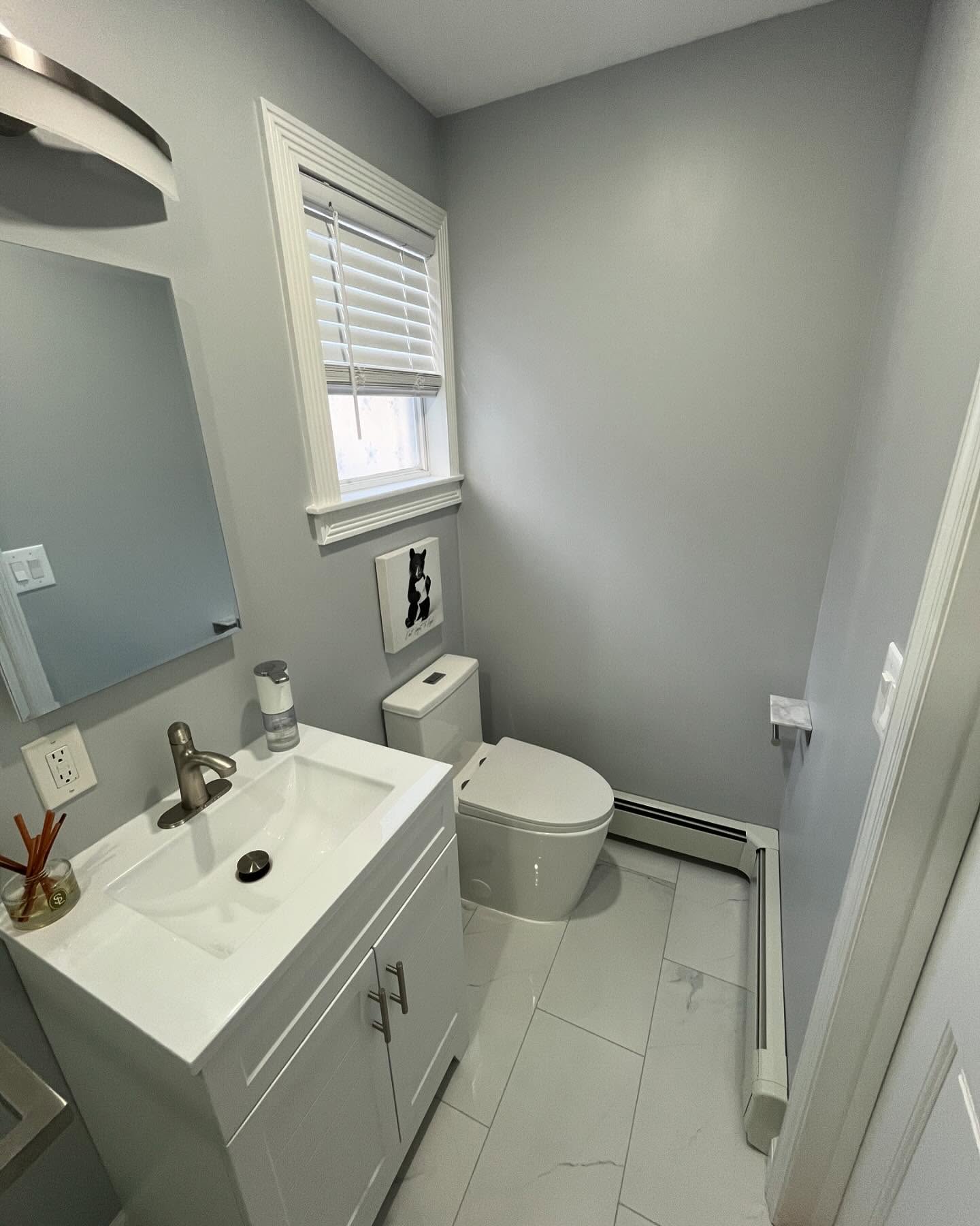 Bathroom renovation by @aceremodelingnj Recessed medicine cabinet, one piece toilet, smaller vanity.