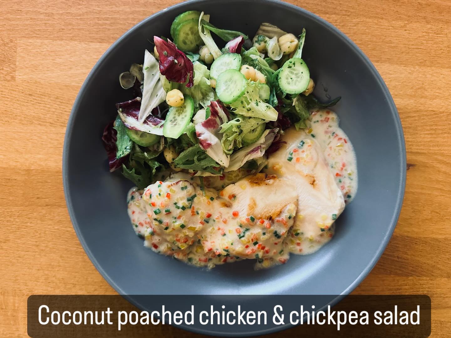 200ml each coconut milk canned & carton
1 medium size chicken breast
1 tsp veg stock pot
5 sprigs thyme
5 tbsps canned chickpeas
2 tbsps diced red & yellow pepper
1 tbsp chopped chives
1 baby cucumber
1 handful of mixed salad
1 tsp chopped parsley
1 tsp Dijon mustard
1 tbsp white wine vinegar
4 tbsps extra virgin olive oil
Season to taste
#homecooked #realfood #cleaneating