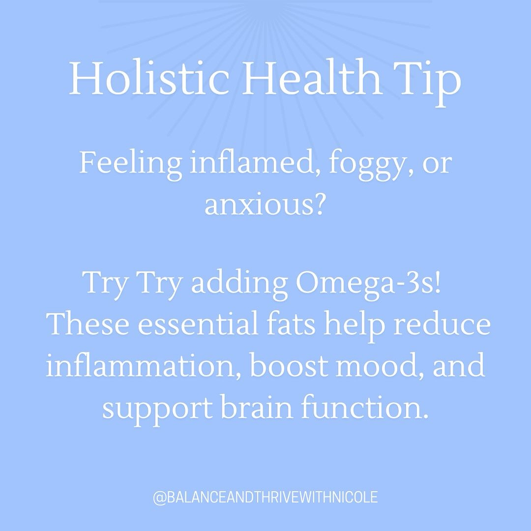 Did you know Omega-3 fatty acids can make a huge difference in reducing inflammation, supporting brain function, and even boosting mood? 🌱 Research shows Omega-3s help calm inflammation throughout the body and may reduce symptoms of anxiety by as much as 20% in adults! They also support brain health, improving memory and focus.
For a natural boost, try incorporating Omega-3-rich foods like wild salmon, walnuts, chia seeds, and flaxseeds into your daily diet. Just one serving of these healthy fats each day can help you feel clearer, more energetic, and balanced.
Ready to start your holistic journey to better health? DM me to get started!
#holistichealth #omega3benefits #mindbodybalance #reduceinflammation #naturalanxietyrelief