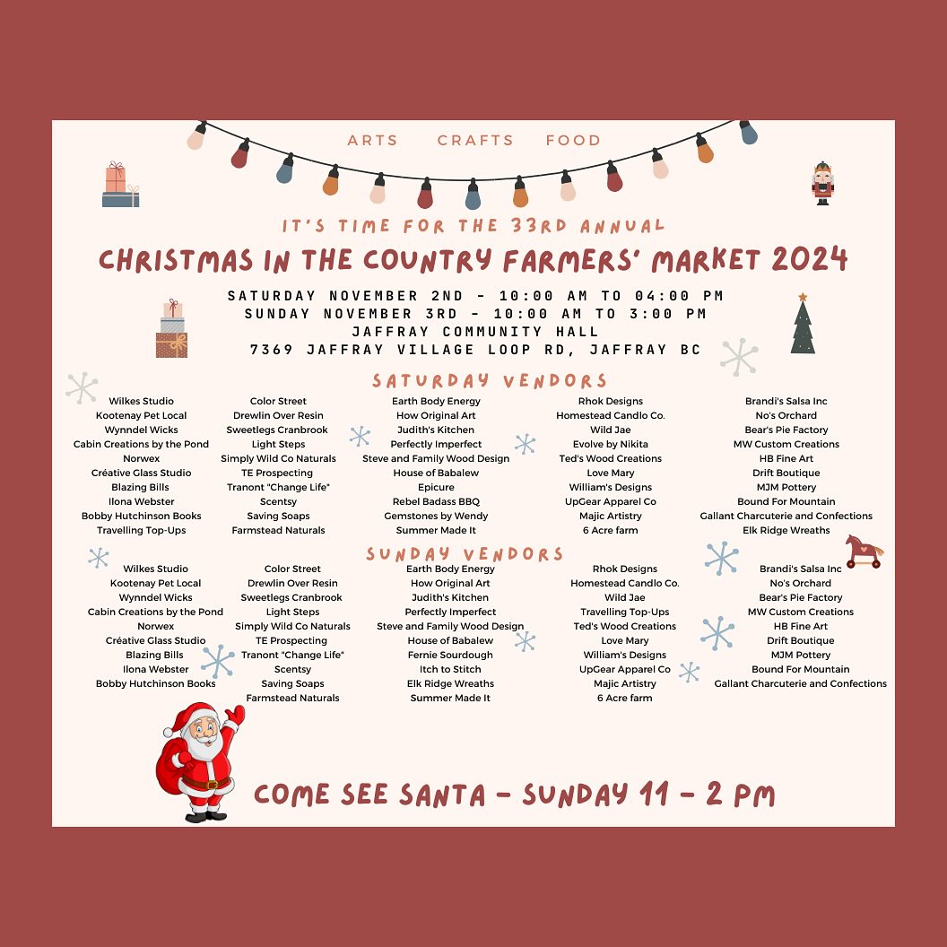 🎄 NOVEMBER DATES FOR YOUR DIARIES 🎄
Tis the season already! Christmas markets are upon us bringing wonderful opportunities to support your local creators and economy, and get in the festive spirit 😉
I’m attending 3 markets in November:
November 2nd & 3rd
Christmas in the Country
@jaffraybayneslakefarmersmarket
Christmas Art Market
@artgallerykimberley
Opening night is November 16th, market runs until December 24th.
November 30th & December 1st
Cranbrook Winter Market
@cranbrookfarmersmarket
❄️ Hope to see you there ❄️
#christmasmarket #savethedate #localbusiness #christmasshopping