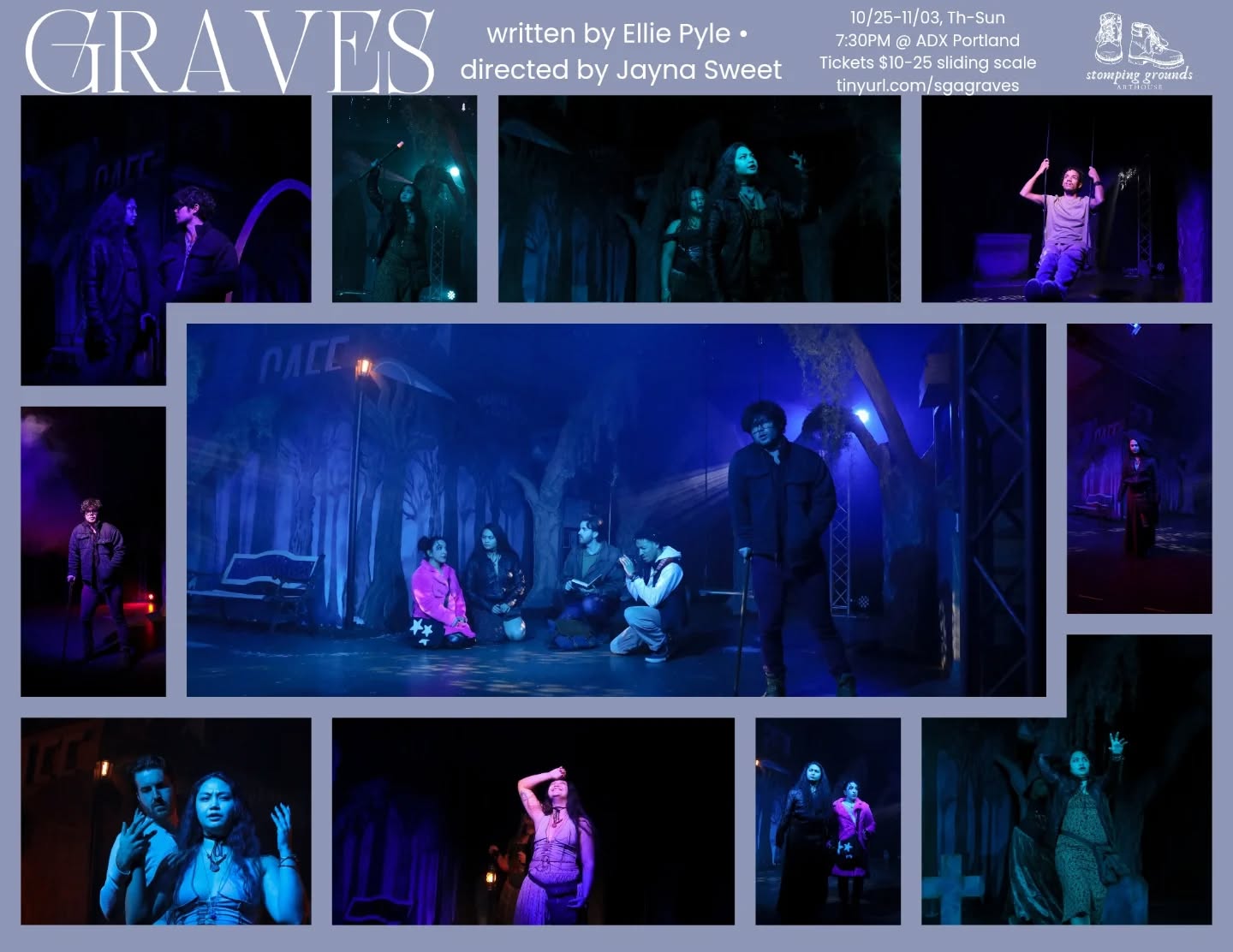 Can we just take a moment to appreciate how breathtakingly pretty this show is???
Lighting Designer Gabriel Costales, Scenic Designer K Perren, and Painter Rae Davis worked together to create the most hauntingly enchanted graveyard forest.
You'll wanna experience this for yourself. Thurs-Sun 7:30PM at ADX Portland. $10-25 sliding scale tickets.