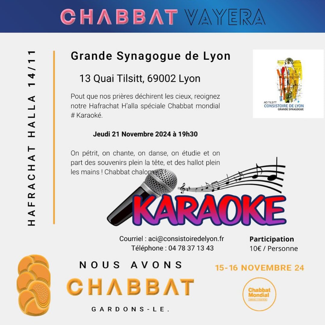 ✨📣 Annonce En-chantée ! 📣✨
Chers amis,
Rejoignez-nous pour une soirée spéciale de Hafrachat Halla à l’occasion du Chabbat Mondial ! 🍞✨
Date : Jeudi 21 novembre, à 19h30. Préparez-vous à plonger les mains dans la pâte et à partager un moment convivial et spirituel. Et pour ajouter une touche de fun, un karaoké suivra pour allier spiritualité et convivialité !
Tarif : 10€/personne
Venez nombreux pour cette belle expérience de tradition et de communauté. C’est l’occasion parfaite pour apprendre, créer et chanter ensemble.
.
🌐 Inscription en ligne : https://www.consistoiredelyon.fr/product-page/hafrachat-halla-mondiale
📞 Ou au secrétariat : 04 78 37 13 43
Nous avons hâte de vous voir et de partager ce moment unique avec vous !
Avec toute notre chaleur, La Grande Synagogue de Lyon
