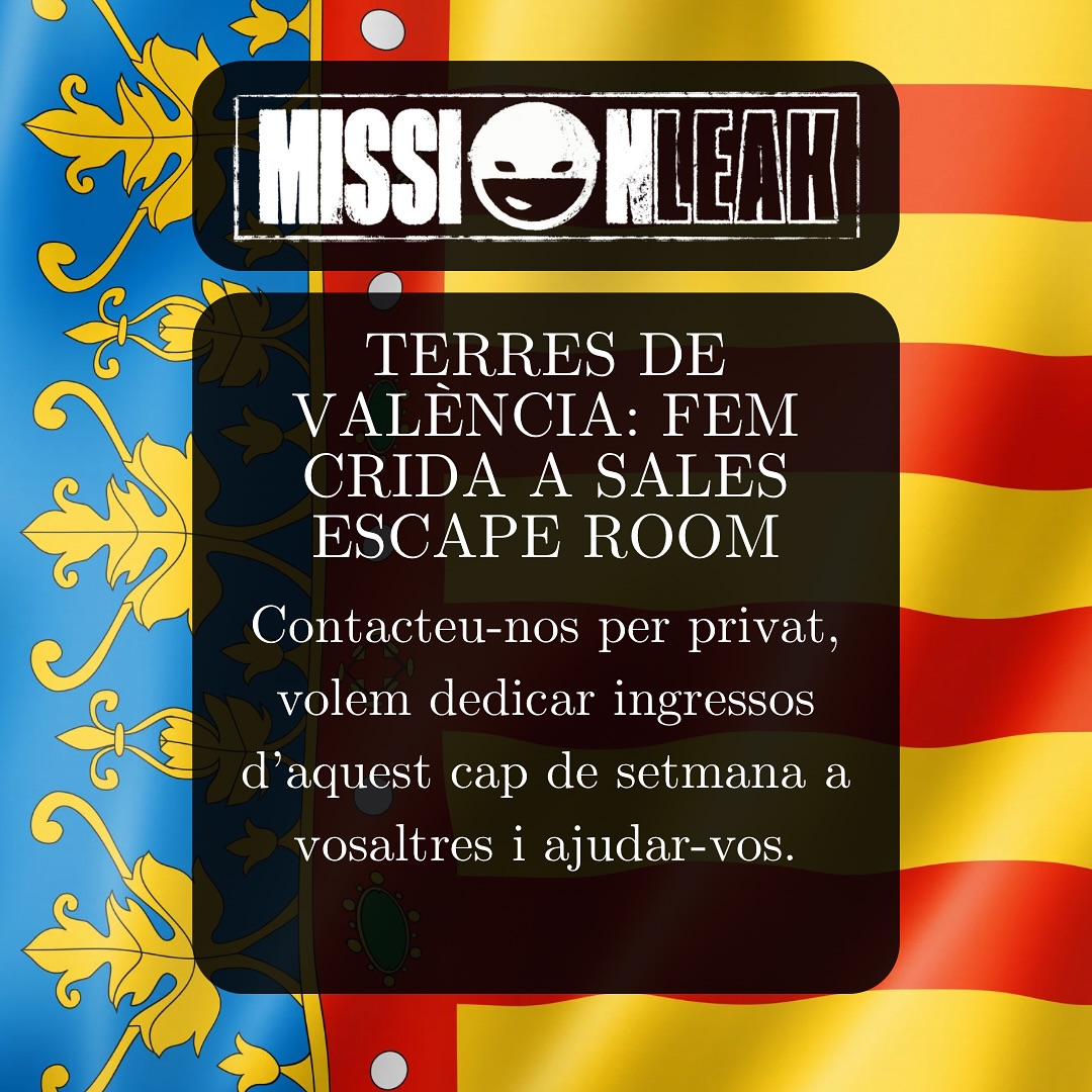 Volem ajudar a sales d’escape room de terres valencianes o a les seves treballadadores. Contacteu-nos per privat.
Destinarem diners de la recaptació d’aquest cap de setmana i ho volem fer de manera directa!
#valencia