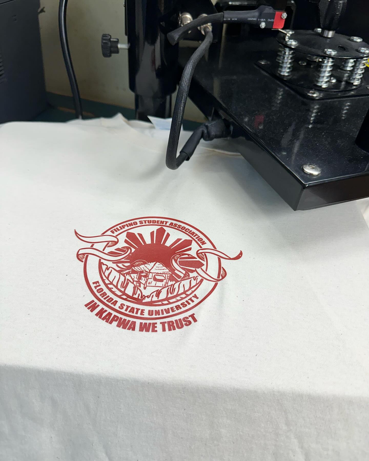 Lots of T-shirt making in progress. #heatpress #dtfshirts #floridastateuniversity #filipinostudentassociation