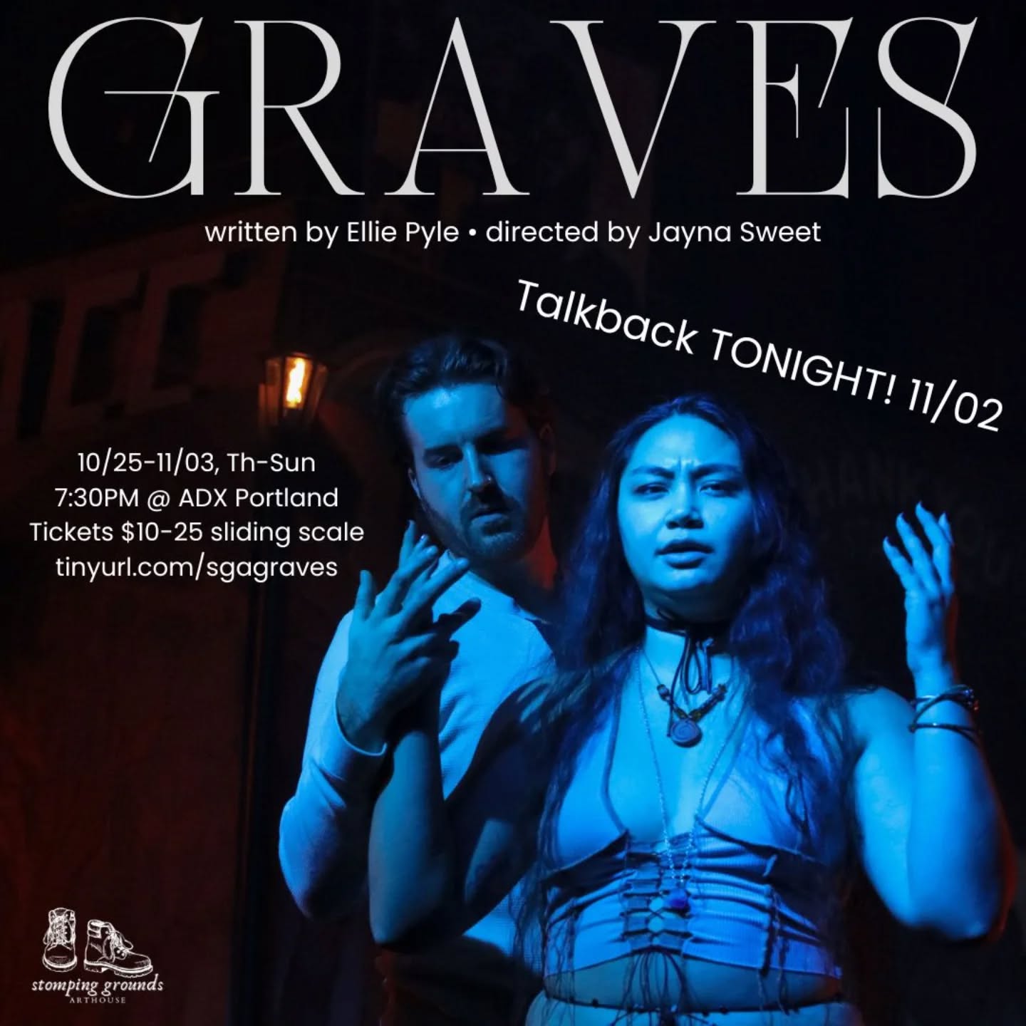 Are you coming to the graveyard with us tonight?? Stick around after the show for a talkback/Q&A with the playwright, cast, scenic designer, and director!
We only have TWO TICKETS LEFT for tonight and we close tomorrow! Don't miss your chance to witness the magic of ghost hunts and intellectual debate in graveyards. 👻💀🪦
Doors at 7, show at 7:30 at @adxportland