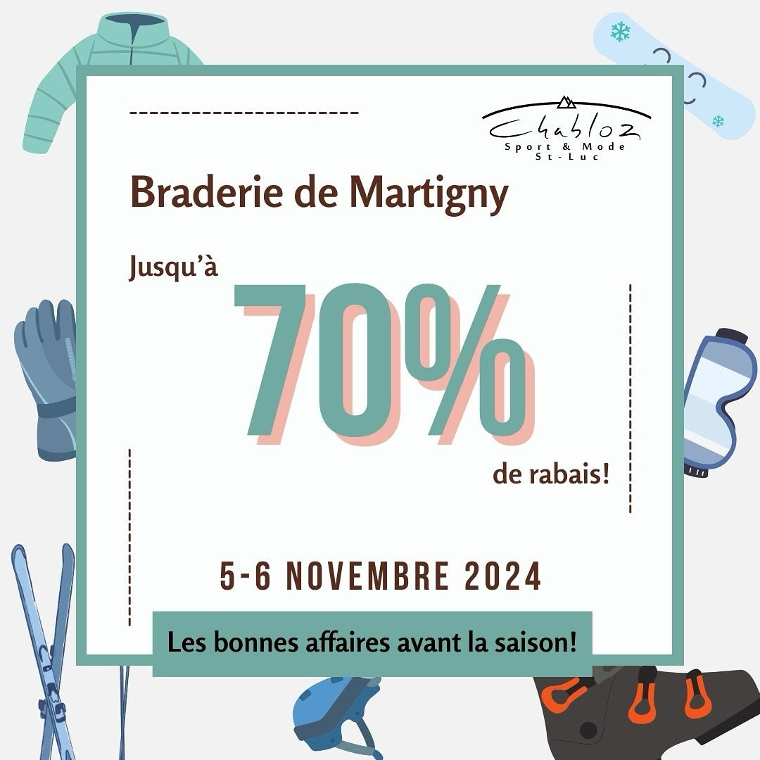 ❗️Rejoignez-nous à la braderie de Martigny au CERM les 5 et 6 novembre❗️Explorez notre incroyable sélection avec des réductions folles : de 30 à 50% sur les articles techniques et de 40 à 70% sur la confection. L’hiver approche, c’est le moment idéal pour vous équiper sans vous ruiner et dénicher de véritables trésors. Ne manquez pas cette occasion ! 🎿🙌🏻