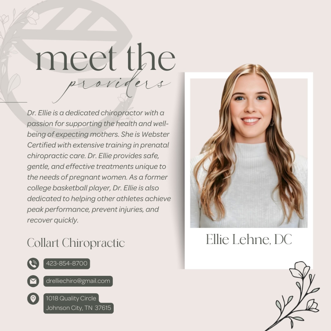 🌟 Meet Dr. Ellie Lehne! 🌟
Dr. Ellie is a compassionate chiropractor specializing in the health and wellness of expectant mothers. With Webster Certification and extensive training in prenatal chiropractic care, she offers safe, gentle, and effective treatments tailored to the unique needs of pregnant women. Drawing from her experience as a former college basketball player, Dr. Ellie is also passionate about helping athletes reach peak performance, prevent injuries, and recover quickly. Her holistic approach ensures that both moms-to-be and athletes receive the care they need to thrive. Learn more about Dr. Ellie and @collarthealth at:
📞 423.854.8700
🖥️ www.collartchiro.com
📧 drelliechiro@gmail.com
#DrEllieLehne #Chiropractor #CollartChiropractic #WebsterCertified #ChiropracticForMoms #AthleteCare