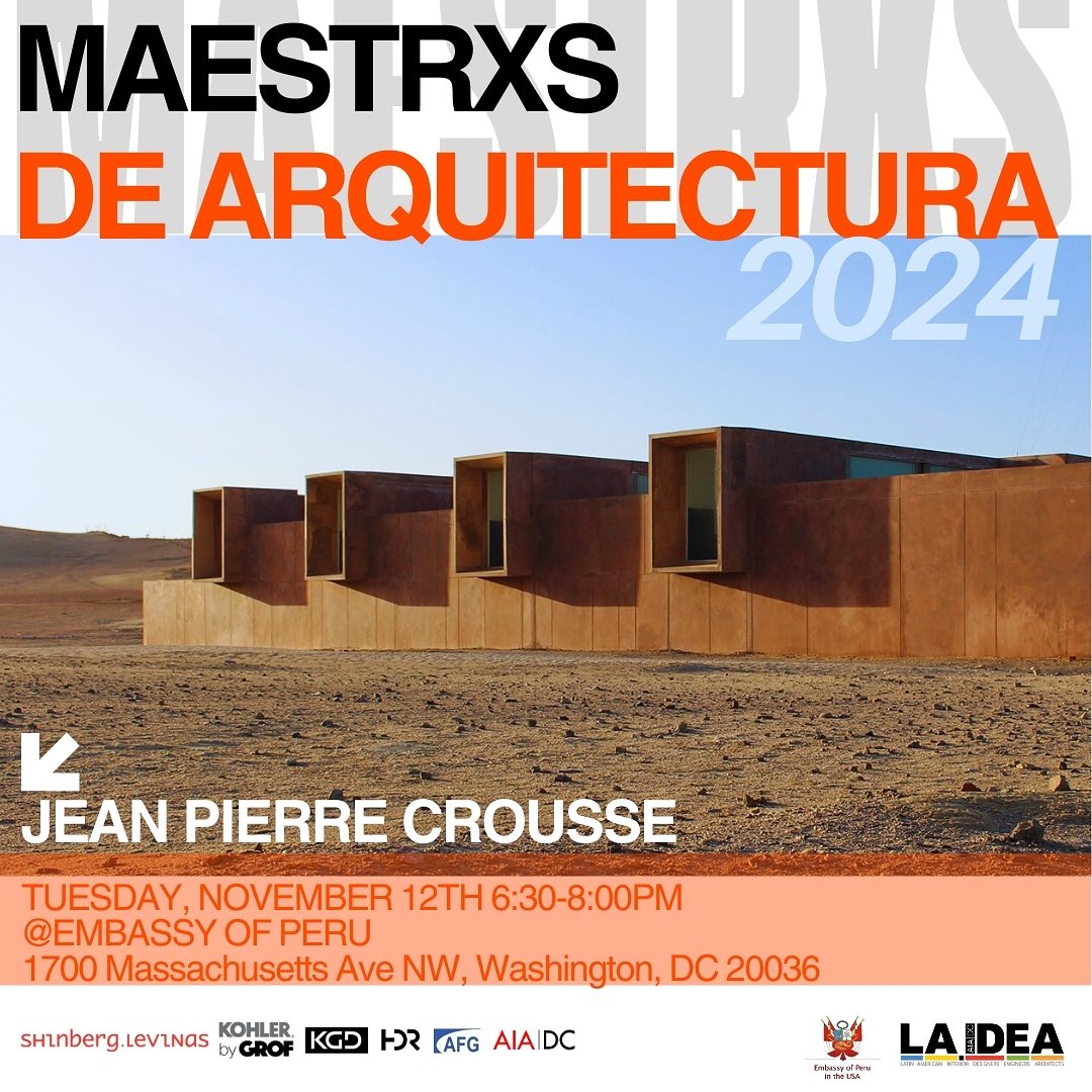 Maestros de Arquitectura is less than 2 weeks away!!
We are very excited to hear more about Jean Pierre Crousse’s work on November 12th at the Embassy of Peru!
Featured photography of the Paracas Museum, located in Paracas, Peru.
Photographers: Erietta Atali, JP Crousse
From Barclay & Crousse:
“An archaeological museum must find the delicate balance between heritage conservation exposed and release to the public. A site museum, as the Paracas, acquires the additional challenge of having to integrate into the landscape that was the cradle of this culture, which is now part of the most important biological and landscaping reserve of the Peruvian coastal desert.
The project is implemented practically on the ruins of what was its predecessor, destroyed by an earthquake in 2007. It retakes its rectangular geometry and compactness. A crack or flaw breaks in this volume, separating the museum and conservation spaces from the ones dedicated to interaction and learning (workshops, meeting rooms, and services). The different accesses to these spaces are located along this “crack”.
A seemingly contradictory hybridization between the Precolumbian labyrinthine organization, and the fluid, dynamic contemporary space, is explored in the interior.
The environmental harshness of the Paracas Desert and the preservation requirements of the collection are solved with an “environmental regulator device”, that defines the architectural volumes and spaces. This device allows providing controlled natural and artificial light, natural ventilation and cooling, and act as a transition space between exhibition rooms. Its geometry reinterprets the motifs of the Paracas textiles, which were its most outstanding technological and artistic expressions.
The museum is built entirely with salt-resistant reddish pozzolan cement. The exposed concrete and polished cement that constitute its materiality, blends with the neighboring red dunes. The patina left by builders in the polished cement gives the museum a ceramic look that resembles the pre-Columbian ceramics that are exposed inside.”