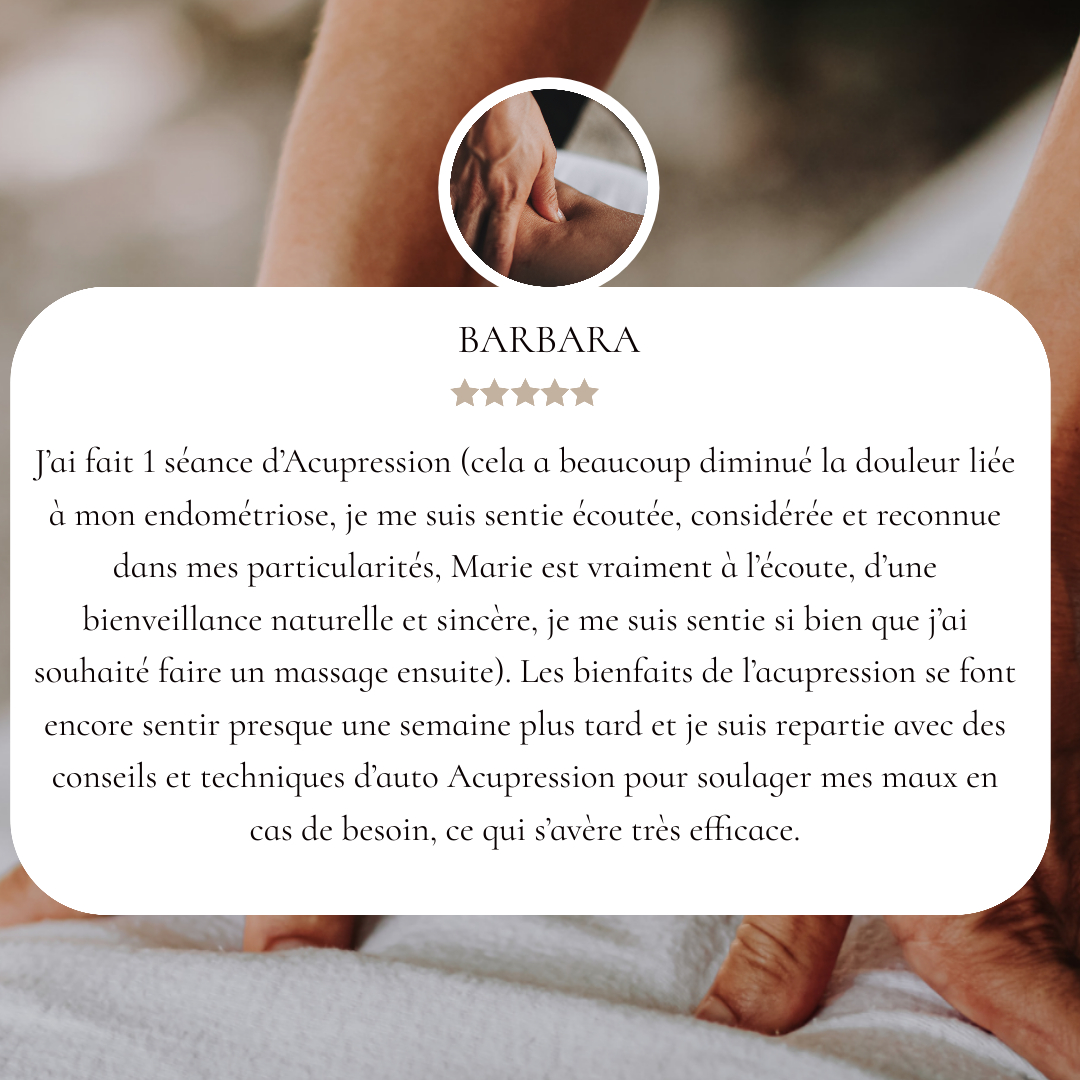 Merci pour cet avis des plus chaleureux
"J’ai fait 1 séance d’Acupression (cela a beaucoup diminué la douleur liée à mon endométriose, je me suis sentie écoutée, considérée et reconnue dans mes particularités, Marie est vraiment à l’écoute, d’une bienveillance naturelle et sincère, je me suis sentie si bien que j’ai souhaité faire un massage ensuite). Les bienfaits de l’acupression se font encore sentir presque une semaine plus tard et je suis repartie avec des conseils et techniques d’auto Acupression pour soulager mes maux en cas de besoin, ce qui s’avère très efficace.
J’ai donc reçu un massage Tui Na d’1h30, cela m’a fait un bien fou, cela m’a à la fois relaxé profondément et tonifié, énergisé avec une prise en compte de mes besoins.
Je recommande vraiment les soins de Marie qui est une très belle personne pleine de douceur de compréhension et d’attention sincère à l’autre.
Cela fait tellement de bien.
Merci à vous et au plaisir de vous revoir lors d’une de mes prochaines venues à St Paul."
Prendre rendez-vous:
Marie 0601995614
13 cours des barry 26130 St Paul trois châteaux
Mon site :
https://www.aucreuxdessens.fr/services-9
#massage #endometriose #douleurs #douleurschroniques #règles #gigongtuina #acupression #tuina