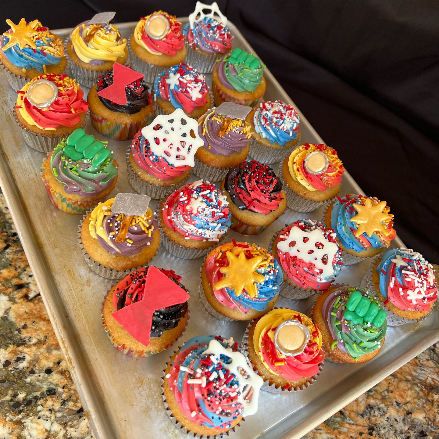 CUPCAKES, ASSEMBLE! ๐ฅ These MARVELous cupcakes were SUPER fun to ASSEMBLE! Is your favorite hero included?
๐ฅ๐ฆธโจ
These Marvel-themed Vanilla Cupcakes were a donation to @cake4kids here in Sacramento. With decorations made out of chocolate, Iโve included different decor for each hero! #theincrediblehulk fists for #hulk themed cupcakes ๐ , golden stars for #captainmarvel ๐, #whitechocolate webs for #spiderman #theamazingspiderman ๐ธ๏ธ , red hourglasses for #blackwidow ๐ท๏ธ , white stars for #captainamerica ๐บ๐ธ, silver #mjolnir hammers with pretzel sticks for #thor #godofthunder ๐จโก๏ธ, and arc reactors for #tonystark #ironman ๐ค Which is your favorite?
๐ฅ๐ฅ๐ฅ
#superhero #marvel #marvelcomics #cake4kids #sacramento #elkgroveca #hero #cupcakes #graduation #birthday #bday #birthdaycake #dessert #pastrylife #specialtycakes #cakespaz #picoftheday @profhayes