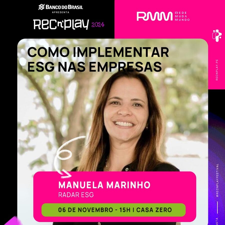 Vem descobrir com a Radar ESG como implementar ESG no seu negócio!
O Rec’Play é um Festival de tecnologia, criatividade e inovação, que acontece em Recife entre os dias. 06 a 09 de novembro de 2024. Profissionais de diversas áreas estarão presentes como Luiza Trajano (presidente Magazine Luiza); João Campos (prefeito de Recife), Caco Barcellos (jornalista da rede Globo), além de artistas como Frejat, Criolo, e outros grandes nomes.
E o melhor, o evento é gratuito!
Inscreva-se e vem com a gente :D
Insta do evento: @recnplayfestival
#RadarESG #ESG # #RECnPlay #OFuturoNosConecta #Recife