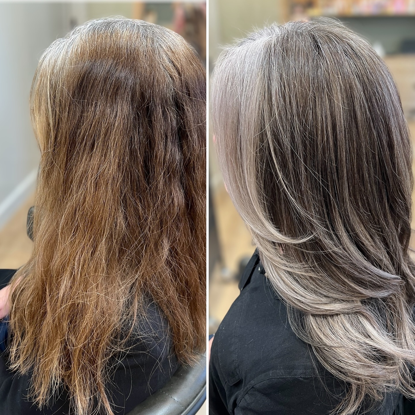 I’m so happy with how this colour transition turned out! Not only does her colour look beautifully natural, but the way the free-hand cut frames her hair just completes the look.
Even better is the shine and healthy condition of her hair, which is thanks to her following the care tips we discussed. With just two sessions, she’s gone from feeling unsure about her style direction and battling regrowth to a complete transformation—feeling more confident and embracing her natural look without the worry of constant touch-ups.
It’s so rewarding to witness this kind of self-transformation at the end of such an empowering hair journey!🦋