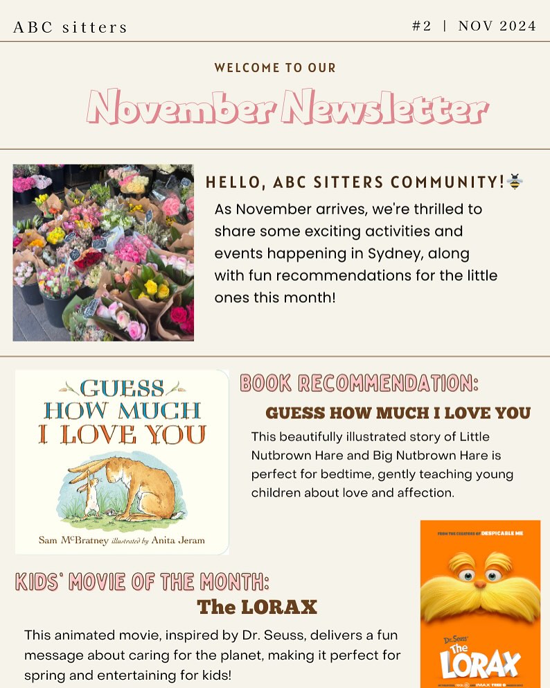 🌸 Our November newsletter is out! This month, we’ve got fun spring activities, exciting events in Sydney, a great book recommendation, and a kid-friendly movie pick. Let’s make this month full of joy and creativity! 💛🌱