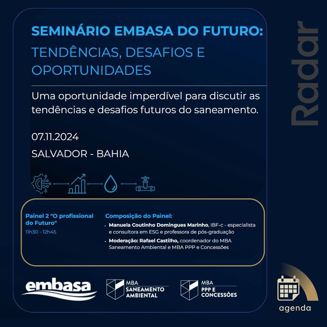 A Radar ESG marca presença no Seminário “Embasa do Futuro: Tendências, Desafios e Oportunidades”, evento fechado que reúne grandes especialistas, líderes e profissionais do setor para discutir as transformações e os novos caminhos para o saneamento no Brasil. O seminário traz temas essenciais, como as principais tendências, inovações tecnológicas, estratégias de gestão e o perfil do profissional do futuro, fundamentais para acompanhar as mudanças e os desafios desse mercado dinâmico.
Nossa idealizadora, Manuela Marinho, especialista em ESG e professora de pós-graduação, participará do Painel 2, “O Profissional do Futuro”, a partir das 11h30, compartilhando insights sobre as habilidades e competências que serão essenciais para o desenvolvimento do setor de saneamento nas próximas décadas.
Em breve, Manuela trará aqui no canal, as principais novidades e aprendizados do evento.
#RadarESG #ESG # FESPSP #saneamento