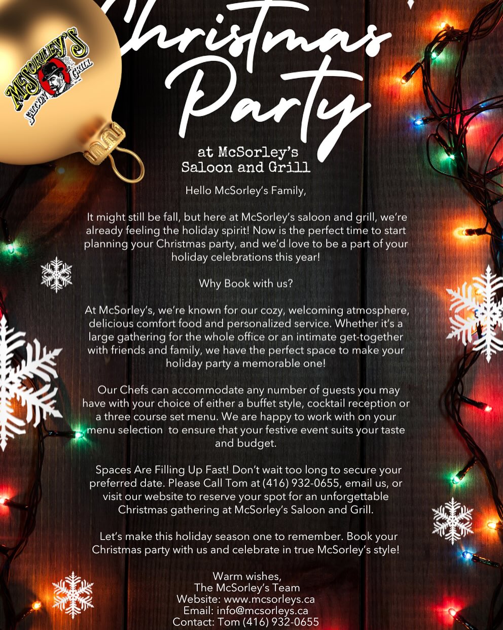 Looking to start planning your holiday Christmas party? Weβd love to be part of your celebration. Get in contact with Tom at 416-932-0655 or email us at info@mcsorleys.ca and weβll help you make it a memorable one at McSorleys! Warm wishes, The McSorleys team. ββββββββββββββββββββββββββββββ#bayviewleasidebia #bayviewvillage #leasidecommunity #leaside #leasidemoms #davisvillevillage #davisvillemoms #midtowntoronto #yongeandeglinton #rosedaletoronto