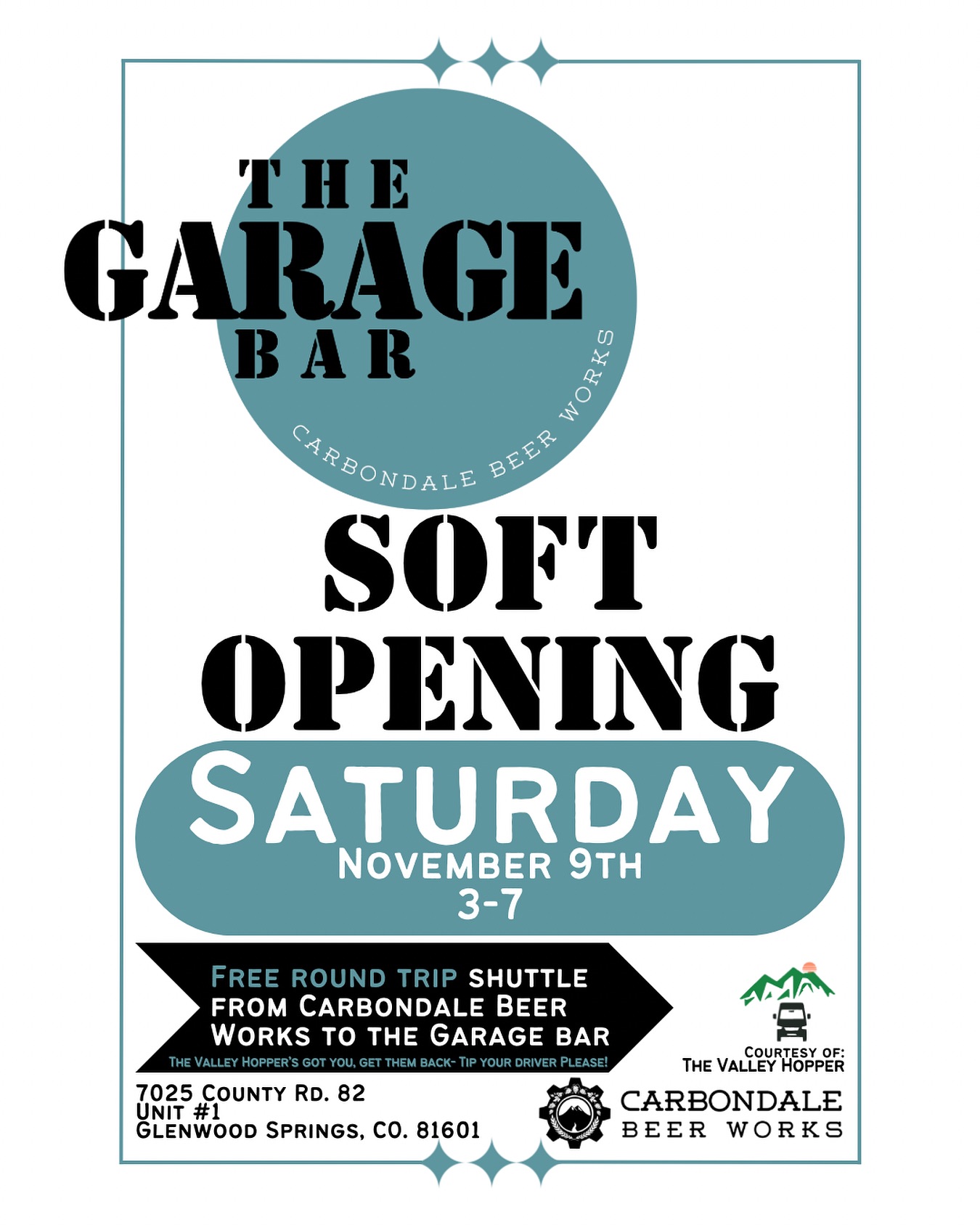 Hello RFV friends! We are are beyond excited to open our doors this Saturday! It’s been a wonderful time filled with blood, sweat, tears, but most importantly, and incredible amount of support and enthusiasm from our team and beyond.
It’s been a long time coming but this Saturday we will be having our soft open from 3-7 PM. Pizza, beer, and an opportunity to see our new space we have put our heart and soul into!
@thevalleyhopper has kindly offered to provide a free shuttle service to and from Carbondale Beer Works for the duration of the event. That being said, help us show yours and our appreciation by leaving the driver a tip!
We will also be following up with a Grand Opening party very soon, so stay tuned!
VERY big thank you to all that have helped make this vision become a reality. Thank you for all your patience, @carbondalebeerworks has been busy getting this space ready for you all. Carbondale Beer Works will be open again on Friday.
From The Garage Bar and Carbondale Beer Works team: we hope to see you there!
#carbondalecolorado #carbondaleco #glenwoodsprings #glenwoodspringscolorado #softopening @legend_forever @marbledistillingco @downtownliquors970 @didyoutryturningitoffandon @adamrudd @carbondalebeerworks @mikaylarenee.png #carbondalebeerworks