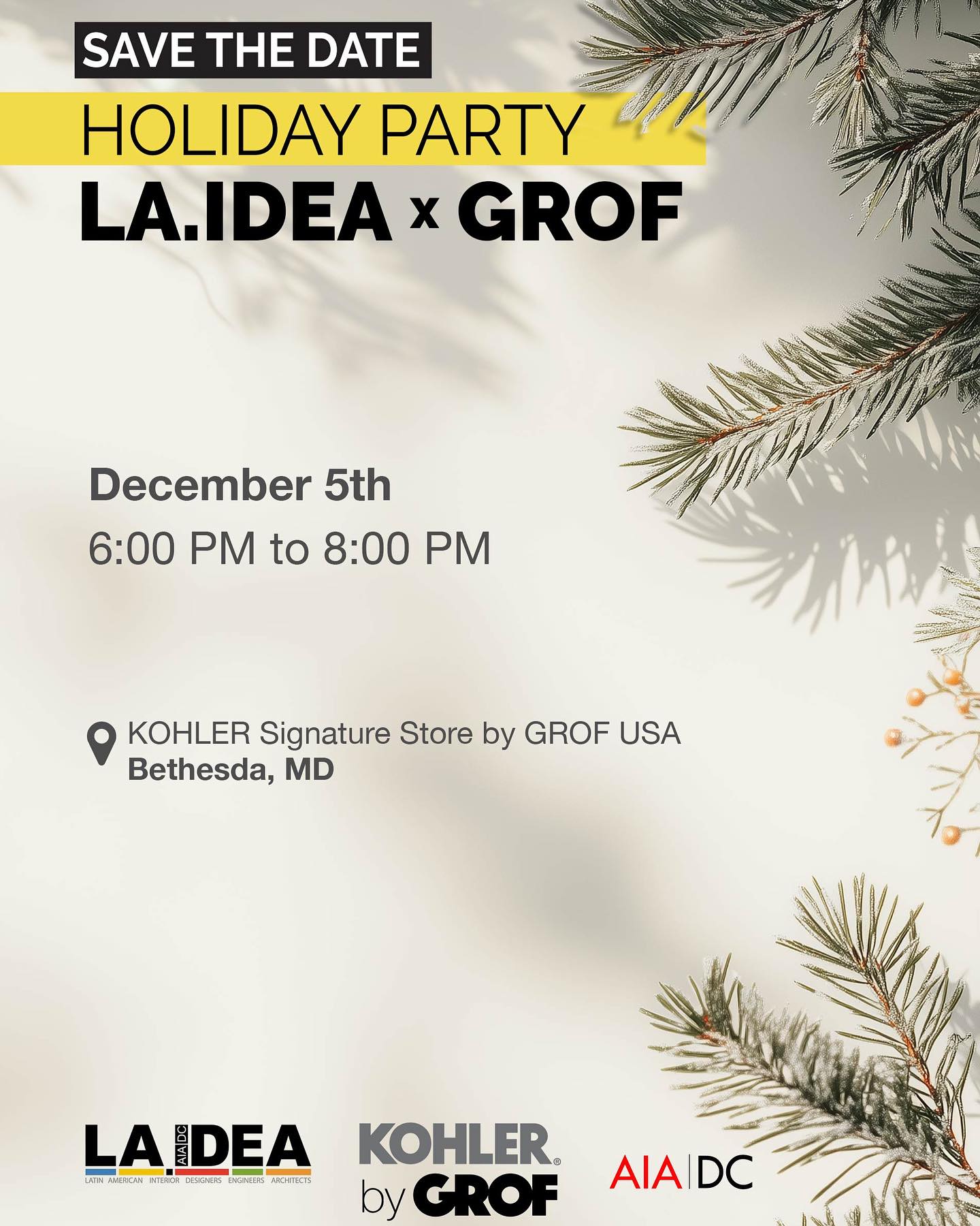 SAVE THE DATE! Join LAIDEA and KOHLER by GROF for some festive cheer on Thursday, Dec 5 from 6-8pm at GROF’s signature showroom in Bethesda!
Come celebrate the end of the year with us, accompanied with Latin music, food, drinks, and more!
See link below for FREE registration. Reserve your spot today!!
