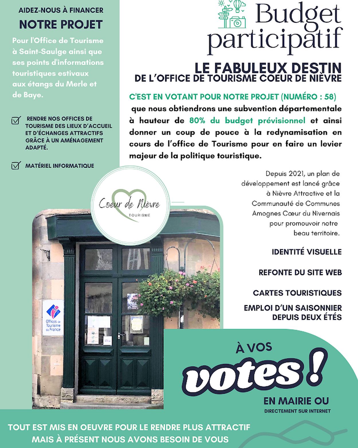 L’Office de Tourisme Cœur de Nièvre, situé au 2, rue du Commerce est un lieu incontournable de notre territoire Amognes Cœur de Nièvre pour tous
les visiteurs, touristes et résidents locaux, et pourtant, celui-ci se dégrade à vue d'œil.
Bien que les quelques bénévoles et la salariée œuvrent à le rendre accueillant et vivant, les fonds ne suivent maintenant plus pour lancer des travaux de réaménagement.
Quant au matériel informatique, il fatigue ne nous permet plus l’efficacité nécessaire aujourd’hui.
En bref : NOUS AVONS BESOIN DE VOUS POUR:
Acquérir du nouveau matériel informatique pour remplacer celui vétuste et réaménager nos locaux (Office et Bureau d’informations touristiques aux étangs de Baye et du Merle) avec du mobilier adapté, en faisant travailler les artisans du territoire !
Comment voter ?
RDV ici : https://budgetparticipatifnivernais.fr/project/le-fabuleux-destin-de-loffice-de-tourisme/
Créez un compte et votez pour jusqu’à 6 projets ! Attention : vous avez jusqu’au 30 novembre ! MERCI d’avance 🙏