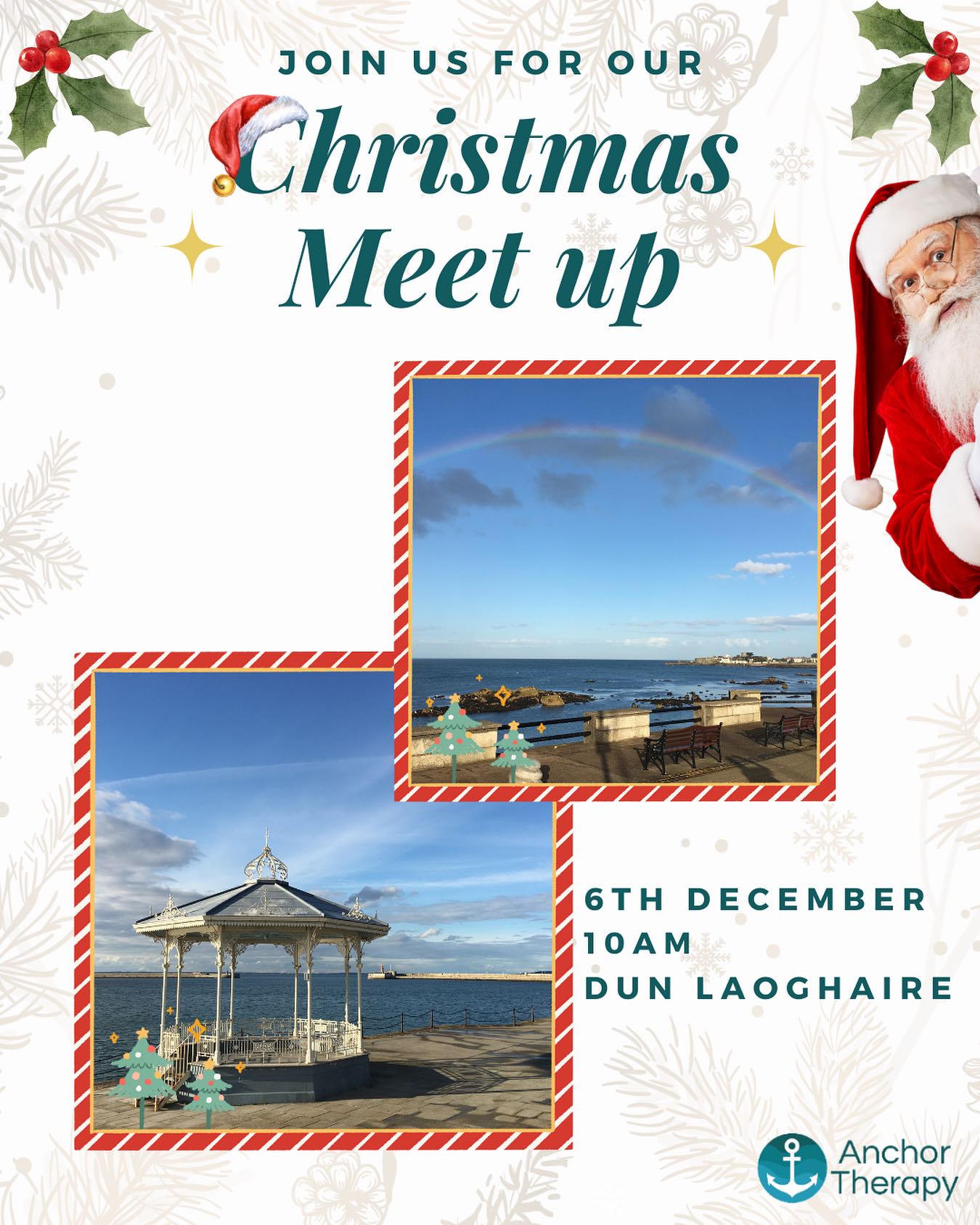 Christmas meet up š
We would love if you could join us for a friendly and casual meet up on Dec 6th.
Reach out to me here or WhatsApp 0862725278 if youād like more information.
Current/ past clients of Anchor Therapy are welcome as are friends and family.
Plan:
Myself and Ailis will meet at Sandycove store and Yard at 10am for an optional coffee/ tea and then a stroll by the sea after.
If youāre worried about any aspect of the meet up reach out and we can chat through it.
Really looking forward to this š