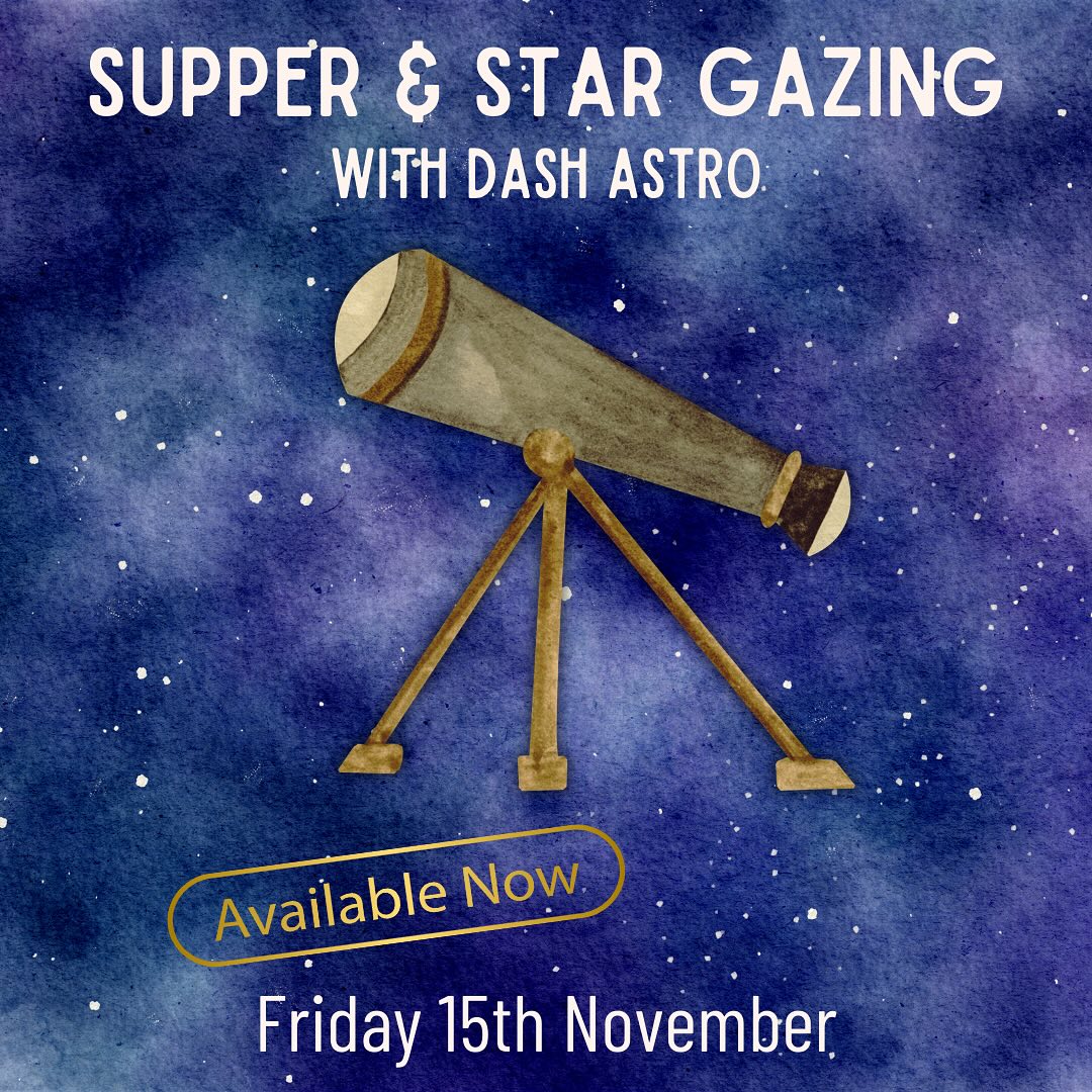 Tickets available for this Friday!
Due to a last minute date change we now have tickets available for our previously sold out supper and star gazing event!
Menu:
Leek, butter bean and crispy chorizo soup or
Goat’s cheese, pear and walnut crostini
~
Beef bourguignon or Mushroom stroganoff
With braised cabbage, honey roasted carrots and creamed potatoes
~
Oaty apple and blackberry crumble or
Chocolate melt in the middle pudding
Tickets are £40 and include a three course dinner followed by talks and star gazing from DASH Astro. If you would like to come please DM or call us on 01986 798 340 for more info or to book!