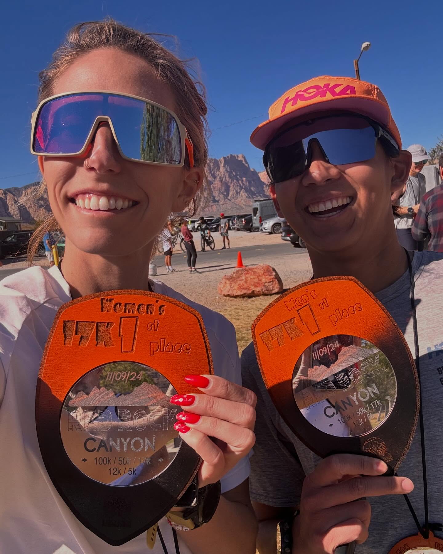 @sdegroff @chan_nathaniel - 1st place Female and Male - Red Rock Canyon 17k - wood work by @piratemonkeyart