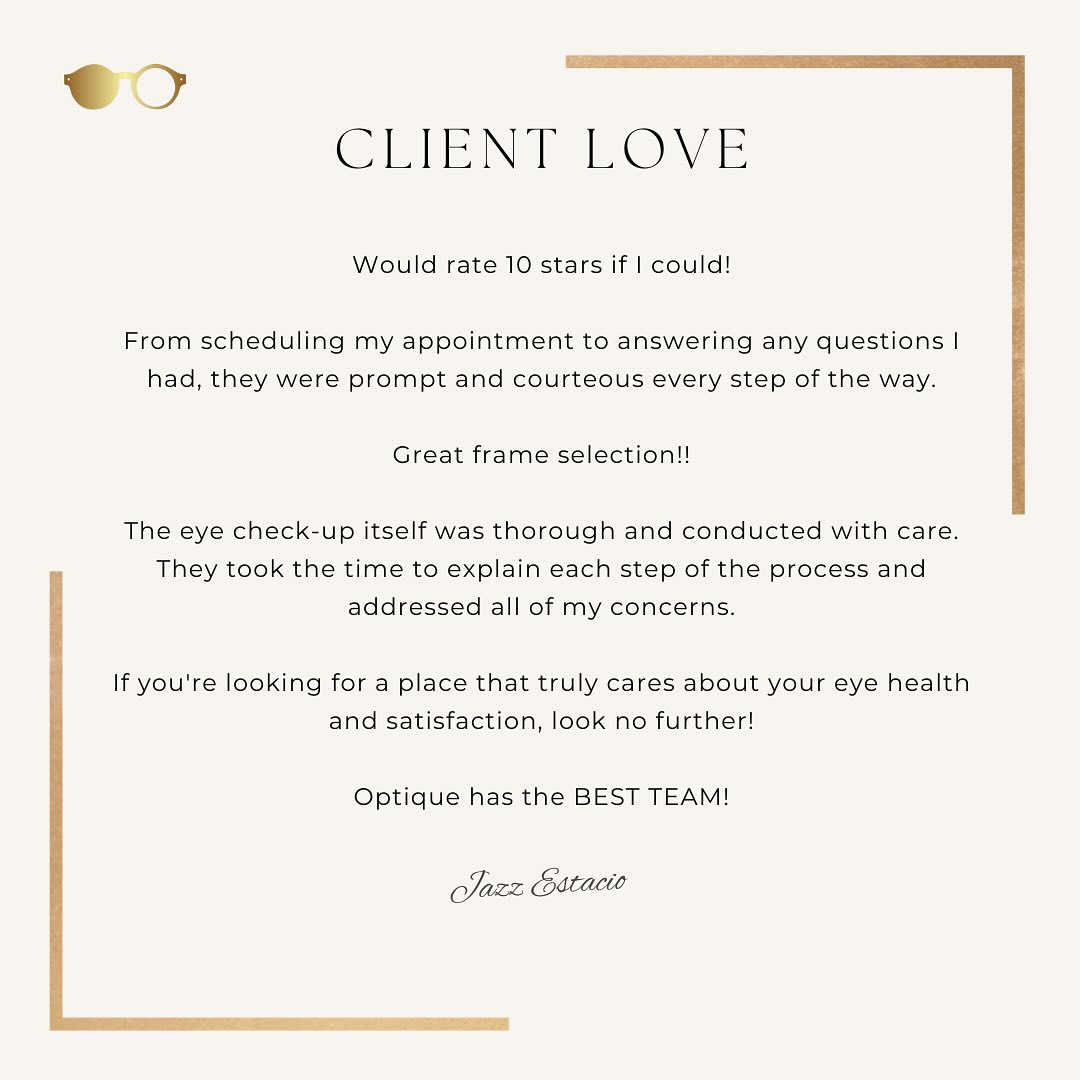 Thank you Jazz – We are super grateful for you taking the time to write your review of your recent experience with at Optique! #clientlove
.
Come in and see what you are missing and let our team who have over 50 years of experience take care of all your eye care needs.
.
Book your appointment today and let us take care of all the rest:
.
Online: https://www.optique.ky/book-online
Whatsapp: +13453257945
Email: info@optique.ky
Tel: (345) 949 – EYES (3937)
.
We accept all major on island Insurance, including:
AETNA | BAF | CAYMAN FIRST | CG BRITCAY | CINICO | HSA BRITCAY | ONE HEALTH INSURANCE | PAN AMERICAN | VANGUARD RISK SOLUTIONS
.
Mondays to Fridays 9.30am-6pm, Saturdays 9.30am-5pm
.
Where? 8 Queens Court Plaza (Next door to GNC/The Kitchen)
#oliverpeoples #leisuresociety #saltoptics #jacquemariemage #mykitaofficial
#faceaface #eyeglasses #eyewear #sunglasses #glasses #fashion #optical
#eyewearfashion #frames #optician #eyecare #vision
#eyes #optometrist #optometry #sunglassesfashion
#veryfrenchgangsters #eyewearstyle #sunnies
#boutiqueliving #grandcaymanislands
#caymanislands #optiquecayman