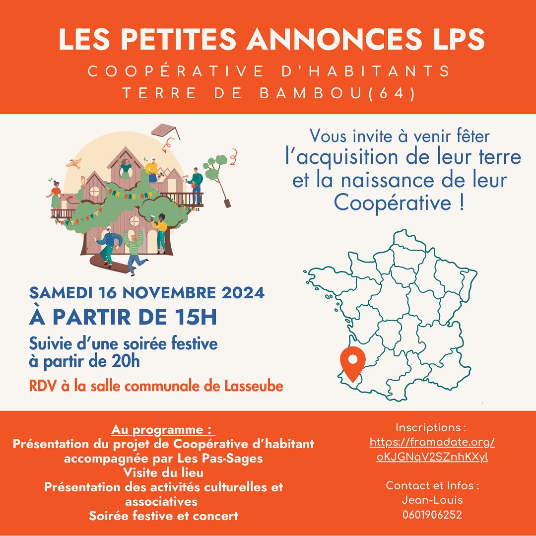 Samedi 16 novembre à partir de 15h 🥳, le collectif Terre de Bambou célèbre une grande étape de leur aventure !
“Ça y est, notre SAS coopérative Terre de Bambou est née 🐣
Et depuis le 6 novembre, nous sommes devenu propriétaires 🏡
Notre lieu, anciennement connu comme “Jardin d’Humus’’, sera dans quelques jours un nouvel espace de vie pour Anne, Johanna, Jean-Louis et Phylippe 🥰
Pour marquer cette étape, nous vous invitons à une rencontre festive 🎉
Ce moment important dans la vie de notre collectif nous permettra de partager la joie, de vous faire découvrir notre projet en détail, de vous présenter nos deux nouveaux-nés, la coopérative et l’association 👯♀️
Nous échangerons sur les activités culturelles et associatives, MikaWsen sera présent pour un partage ensemble autour de l’accompagnement que nous avons vécu avec l’association Les-Pas-Sages 🌀
Bien-sûr, nous vous ferons déambuler dans les bambous et dans ces espaces pleins de promesses 🏞️
Nous vous accueillerons le samedi 16 novembre de 15h à 20 h et plus pour la soirée festive, à la salle communale de Lasseube, autour d’un repas partagé 😋
Lien pour s’inscrire :
👉 https://framadate.org/oKJGNqV2SZnhKXyl 👈
Anne Richard, Johanna Weiss, Phylippe Méau, Jean-Louis FRELON ✨”
#departement64 #pyrenneesatlantiques
#ecolieux #ecovillages #cooperativedhabitants #habitatparticipatif