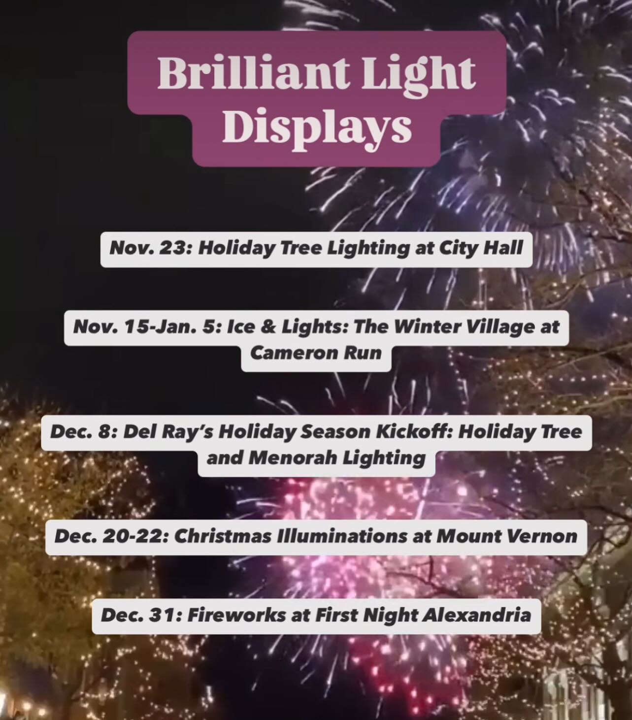 Here is a great list of upcoming lighting events courtesy of @visitalexva
Visit Alexandria this year and experience the MAGIC of the season!
#alexandria #alexandriava #visitalexandria #visitalexandriava