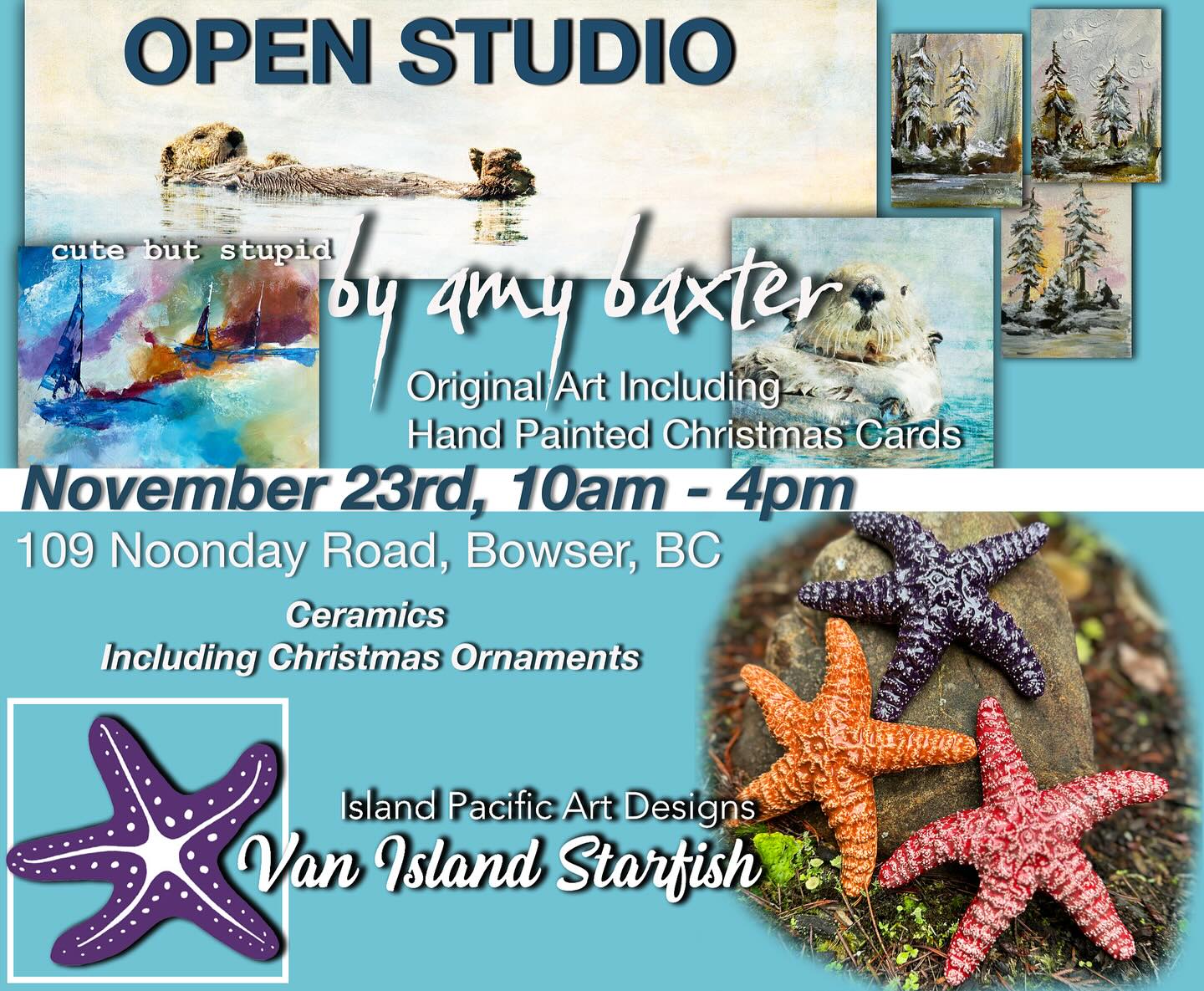 It must be official cuz here’s the poster, folks!! My pop-up Open Studio is Nov 23, 10am-4pm. I will have some coasters (great stocking stuffers), cards, prints, paintings, and of course, the hand painted Christmas cards on watercolour paper. Hope to see you….and I will no doubt post a reminder closer to the date.
#lookforthelight #atmosphericpainting #moodypainting #newimpressionism #vanisleartist #westcoastartist #westcoastart #intuitivepainting #canadiancontemporaryart #impressionismart #artcomtemporary #vancouverislandartist #canadianlandscapes #canadianart #landscapeimpressionism #itstheseason #CanadianArtDaily #interiorart #impressionisticlandscape #instaexploringart #intuitiveart #intuitiveartist #artforsale #originalart #getyourpainton #vancouverislandart
#christmascards #openstudio #handmadechristmascards