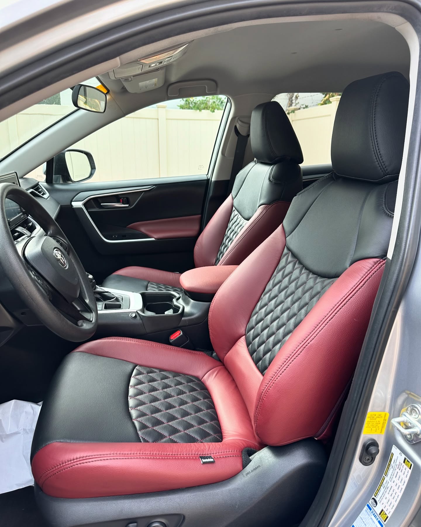 We dressed up this boring RAV4 with a custom @katzkin_leather diamond-stitched interior. We can help you get rid of the cloth interior in your Toyota, Honda, Jeep, Ford, Hyundai, Nissan, Chevy, Ram, etc!! Contact us for details. #katzkinleather #rav4 #leatherupholstery #leatherupgrade