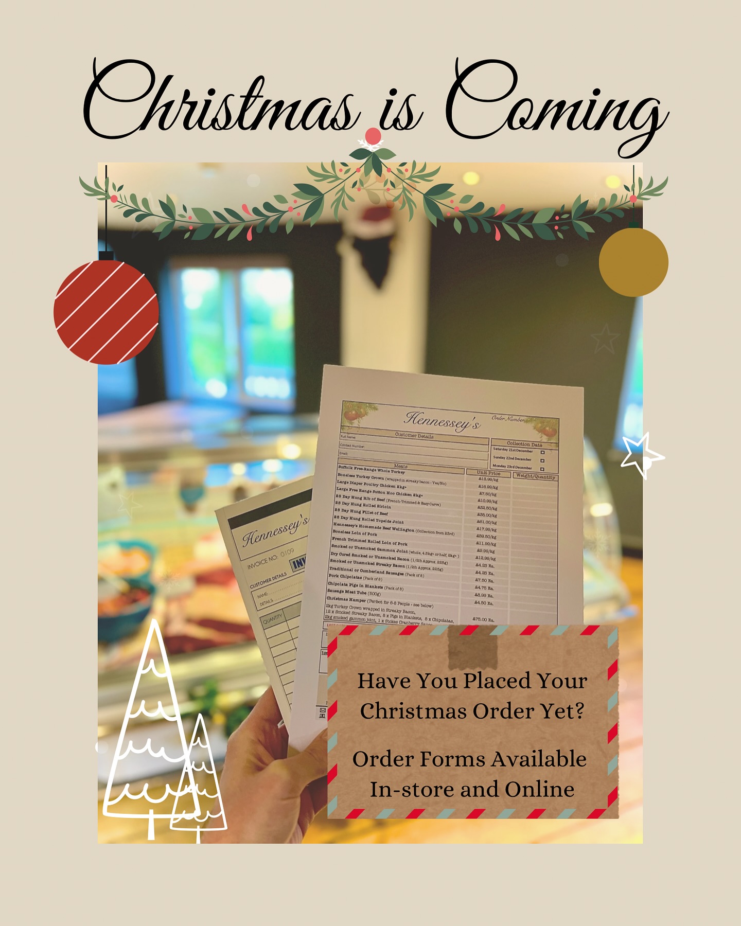 Our Christmas order forms are available to view and download online or come and have a chat with us in store and collect a copy there!
.
To place your order, simply download a form, fill it out and bring it into our store, give us a call on 01284 386015 or send us an email to info@hennesseylifestyle.co.uk
.
Open 9am - 5pm Today
www.hennesseylifestyle.co.uk
.
#butcher #meat #food #bbq #beef #butchershop
#butchery #steak #butchersofinstagram #butcherlife
#meatlover #foodie #grill #pork #instafood #shoplocal
#turkey #dryaged #christmas #chicken #xmas
#foodstagram #suffolk #hennesseys
#icecream #gifts #gin #breakfast #hennessey #boerewors