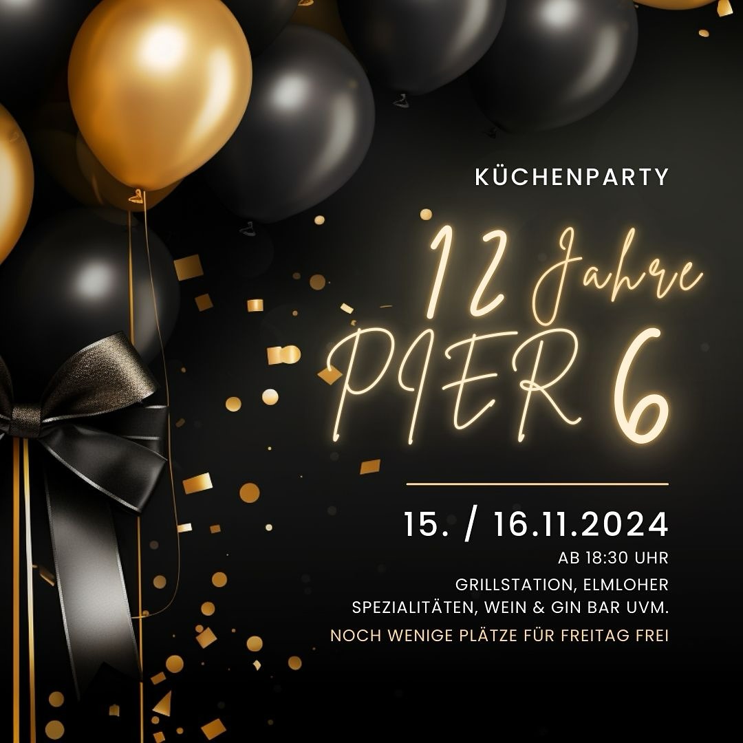 Das PIER 6 wird 12! Das feiern wir mit unseren Gästen bei unserer beliebten Küchenparty. Neben allerlei Spezialitäten aus unserer Küche gibt es Musik, Getränke und einige unserer Partner zu erleben.
Jetzt noch Plätze für Freitag sichern - 0471/48364080