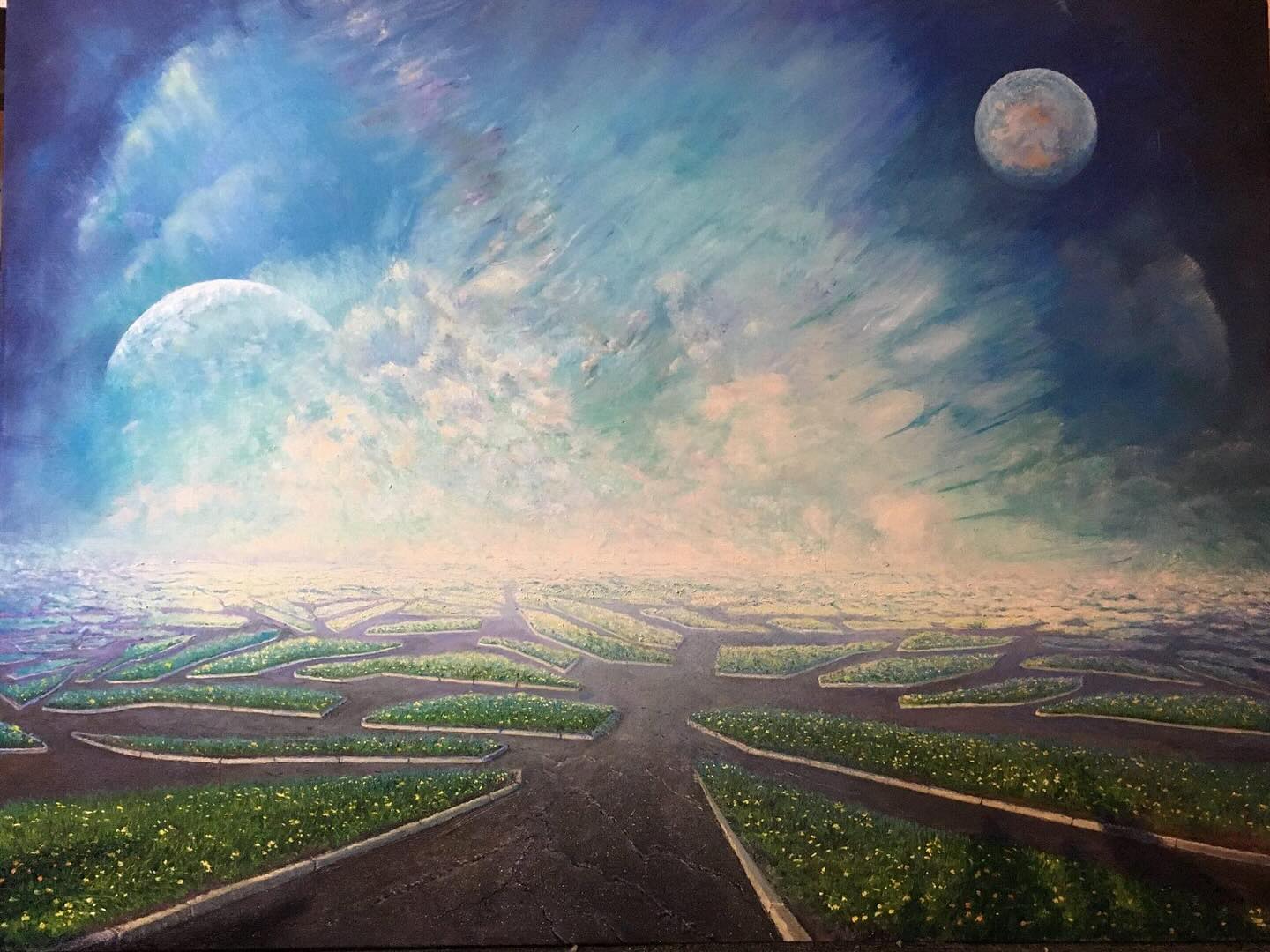 The Memorial. Oil on Canvas. This painting is a rendition of a dream I had as a child. Two worlds in the sky, rooms filled with flowers. Asphalt cracks. #oilpainting #canvas #landscape #dream #art #gallery #planet #flowers #imagination #fantasy