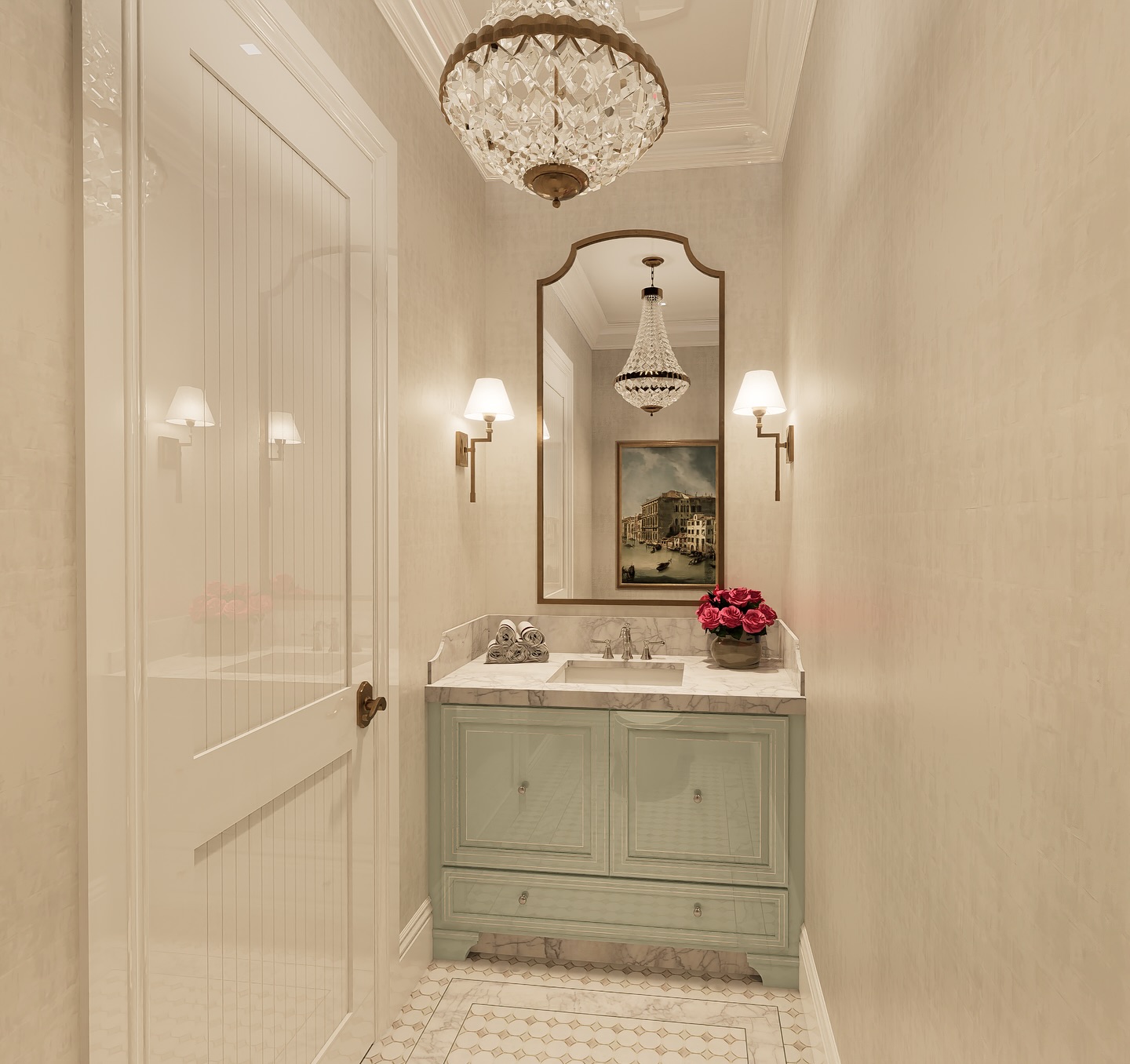 Tiffany Blue makes this powder bathroom exude with sophistication!
#blueinterior #yorkwallcoverings #designerwallpaper #luxurybathroom #luxurybathrooms #luxurybathroomdesigns #fresnointeriordesign #clovisinteriordesign #creativetile #uttermost #customcabinetry