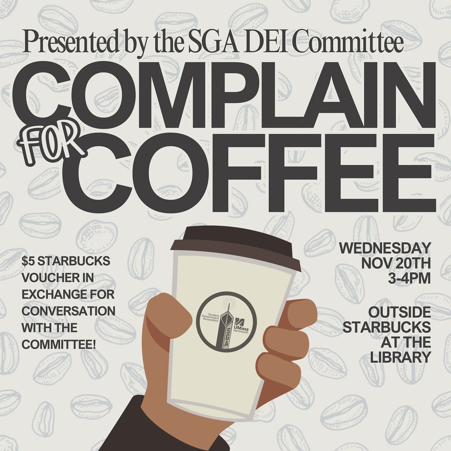 Come chat with the SGA DEI Committee Chair/members tomorrow from 3-4PM outside Starbucks in exchange for a $5 Starbucks voucher! ☕️🗣️