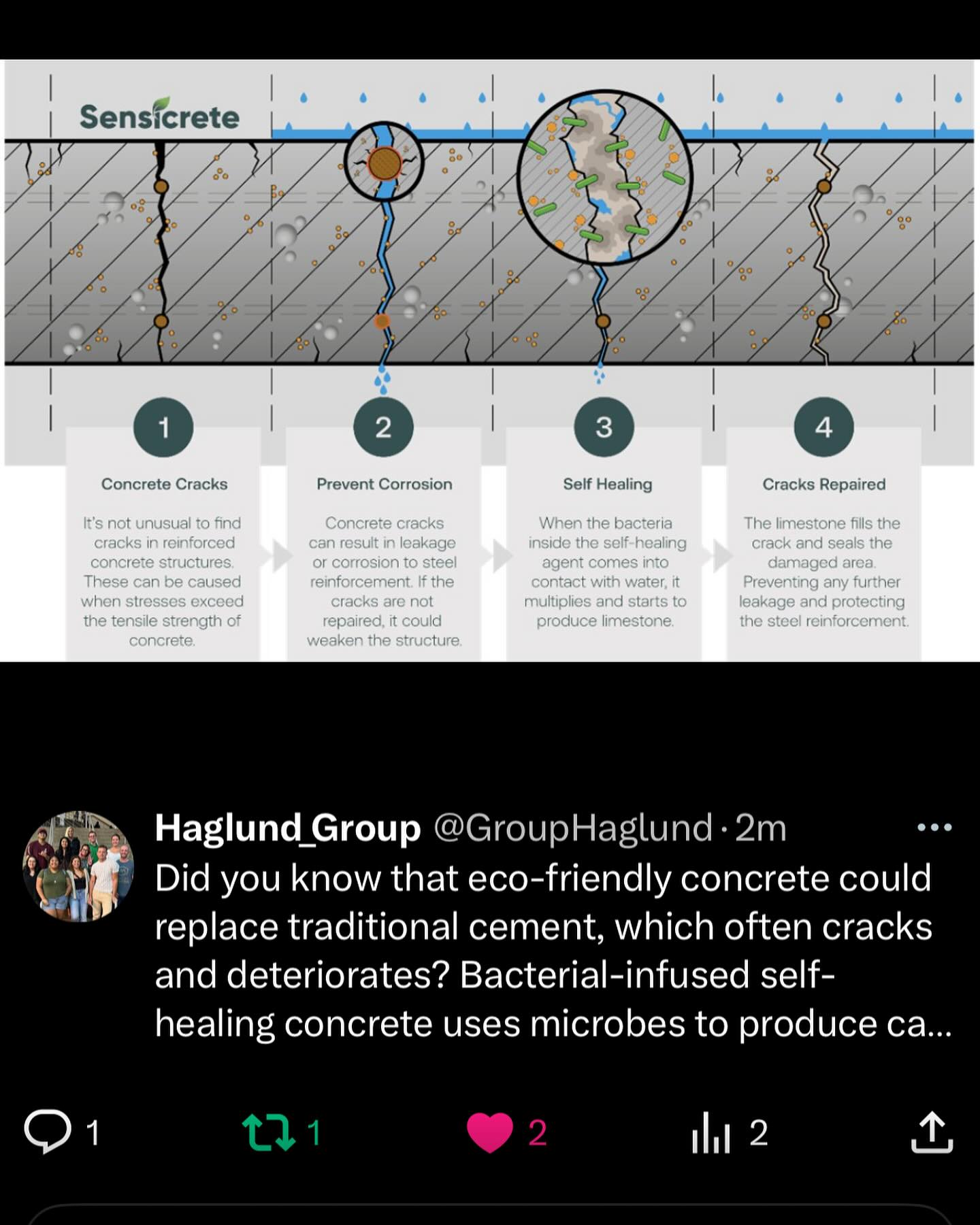 Did you know that eco-friendly concrete could replace traditional cement, which often cracks and deteriorates? Bacterial-infused self-healing concrete uses microbes to produce calcium carbonate, sealing cracks and allowing concrete to repair itself.
.
.
.
#ecofriendly #selfhealing #funfacts #funfactfriday #funfact #scientificfacts #hawaii #universityofhawaiiatmanoa #uhm #universityofhawaiia #uh #science #DNA #chromosomes #researchgroup #haglundgroup #drhaglund