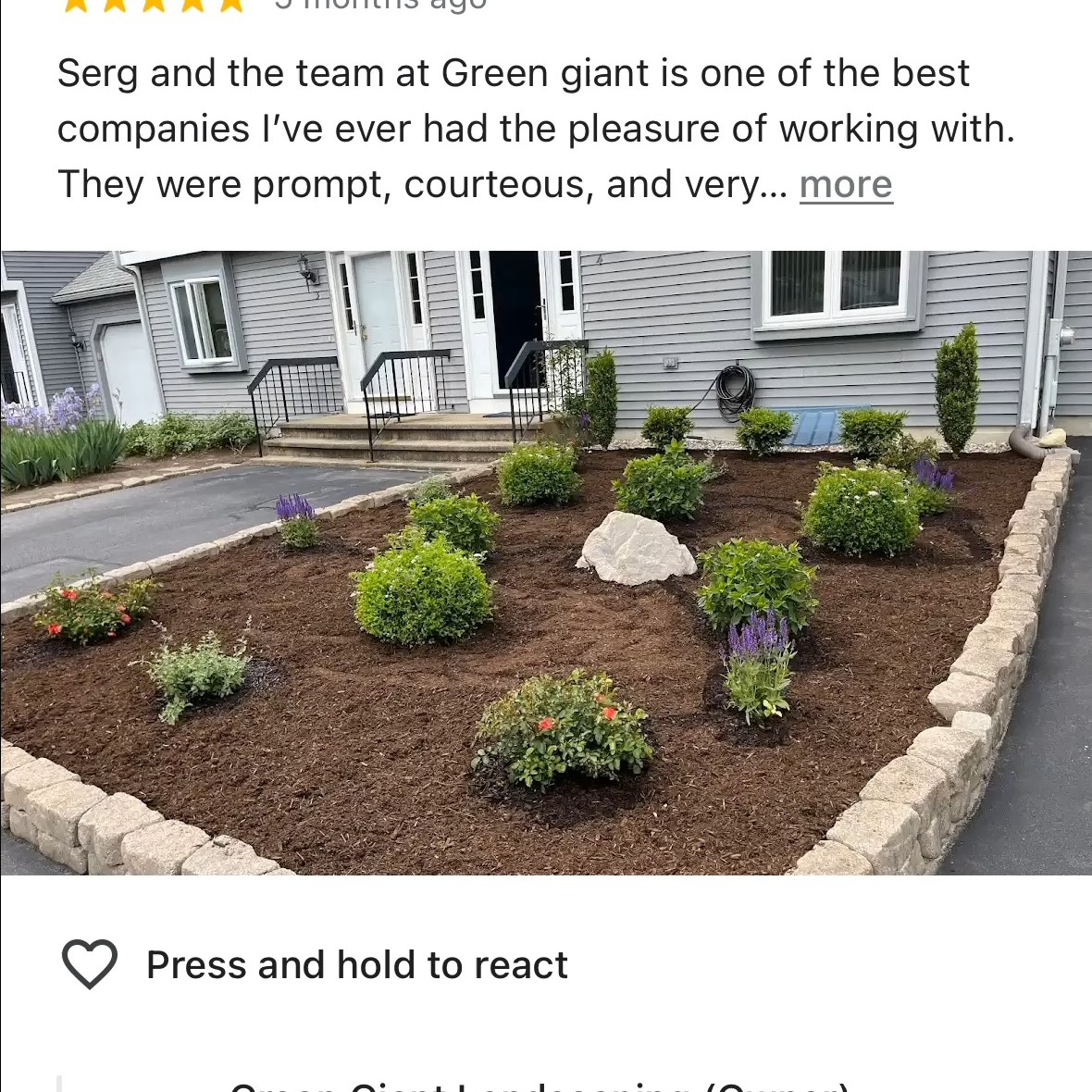Green Giant Landscaping Reviews
Read more:
https://g.page/r/CSZ9KN5lei7IEAE/review
Landscaping Southeastern, MA.
Call now for your free quote!
Plants installation
Tree and shrub care
Seasonal cleanups
Bobcat services
Old overgrown shrubs removal
Mulch installation
Garden maintenance
Professional Landscape Design.
https://www.greengiantlandscaping.com/
Phone:
+1 413-406-9094
#landscaping #landscapedesign #gardening #gardendesign #landscaper #landscapearchitecture #treeandshrubtrimming #mulch #Massachusetts #southshore #newton #boston #hingham #marshfield #scituate #NewtonMA #scituatema #milton #canton #wellesleyma #SpringCleaning #shrubtrimming #shrubcare #plantingseason #plantingtrees #plantingdesign #gardentransformation