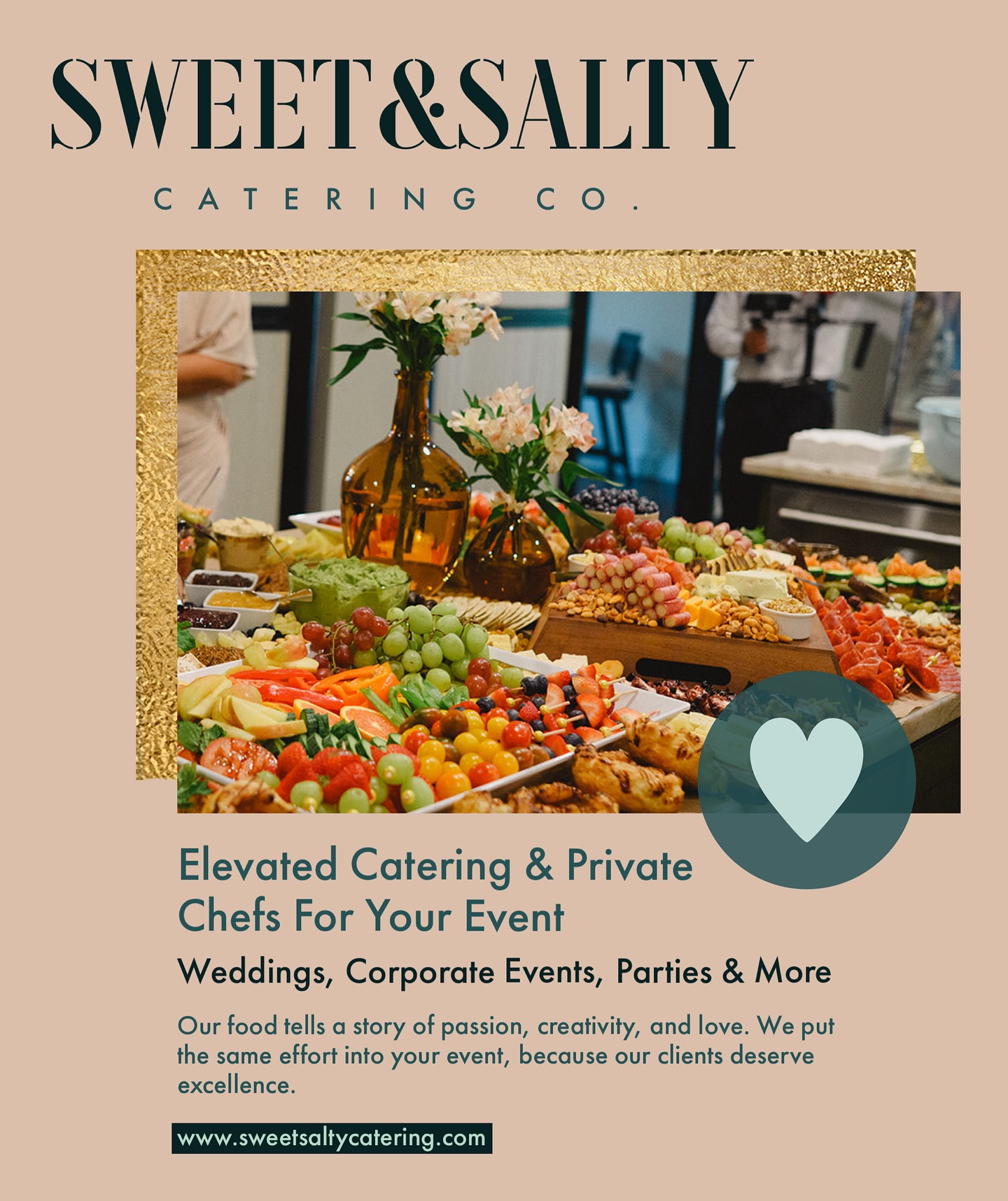 I like to say I’m artistic because I’m left handed; but truthfully- the arts have always mesmerized me. I love to draw, write music, paint, photograph for fun & professionally… but my favorite art is the art of food. I pride myself on the culinary arts I’ve immersed myself in for the last 18 years. Sweet & Salty Catering Co. LLC is a life long dream that will continue to grow into the Nourish Farm- a wedding venue, restaurant, bed & breakfast, & a place for all to come enjoy art of all shapes & sizes. On the walls and on your plate. Help our dreams come true. Book an event today. ♥️