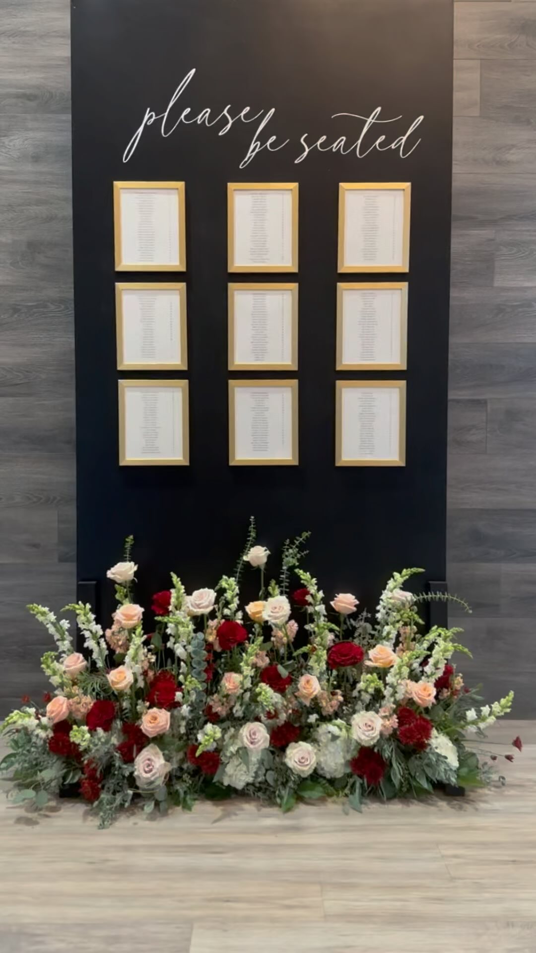 We do love a grand entrance and it sure was the day for it! A bold, black gallery wall with gold frames and stunning flowers by @denisefloraldesigns for Ashley & Johnathan at @theallureonthelake and a romantic lounge for cocktail hour in the rotunda @grandeventscp for Roxanne & Jason. #grandentrance #gallerywall #seatingchartideas #cocktailhour #loungevibes #weddingdraping