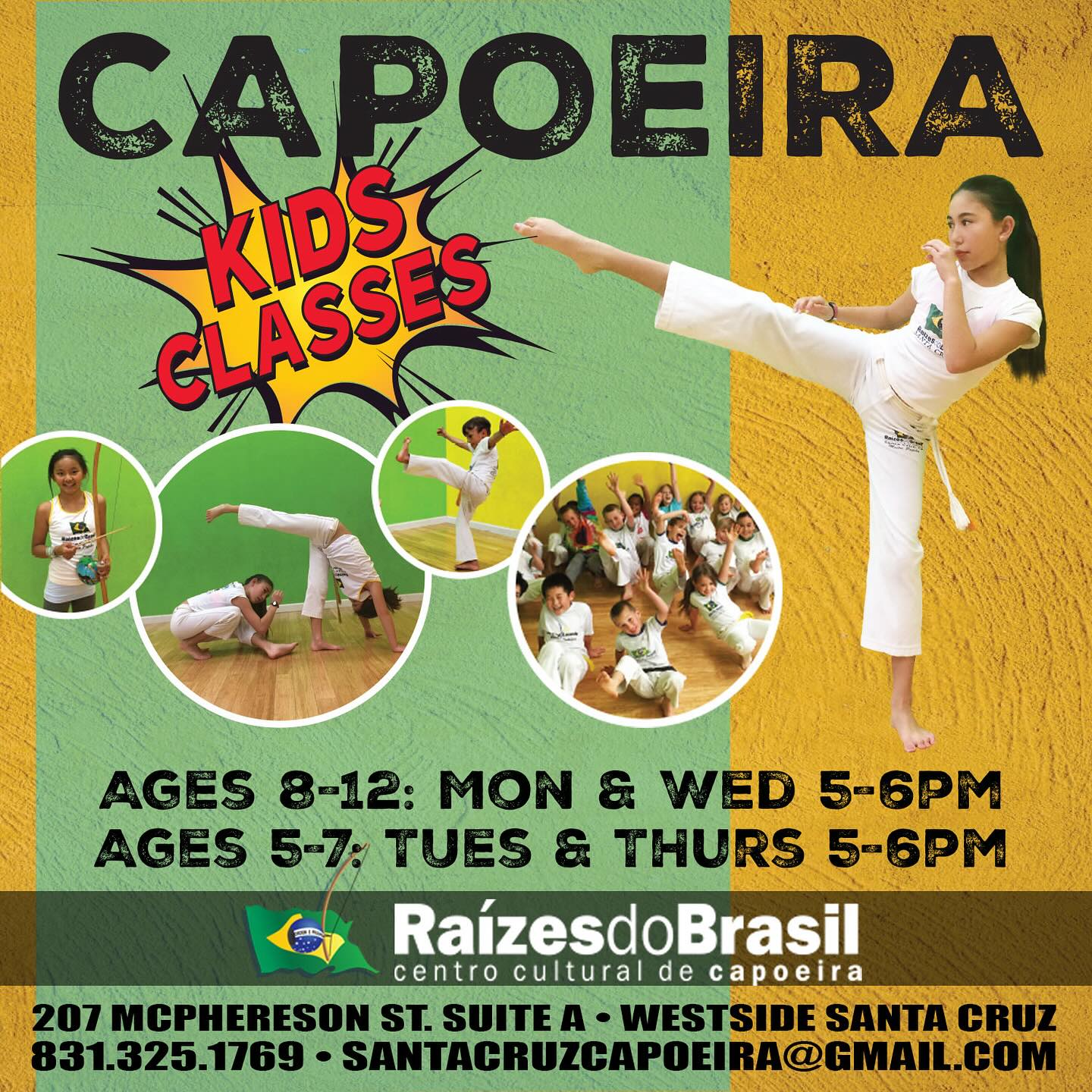 Fun classes for kiddos!! Tuesday & Thursdays for the young ones (ages 5-7) with Instrutora Tigresa & Contremestre Quati. Mondays & Wednesdays for the bigger kids (ages 8-12) with Mestre Papiba. Classes at 5-6pm. First class FREE! First 2 classes free if you bring a friend. Teens are welcome in the adults classes!