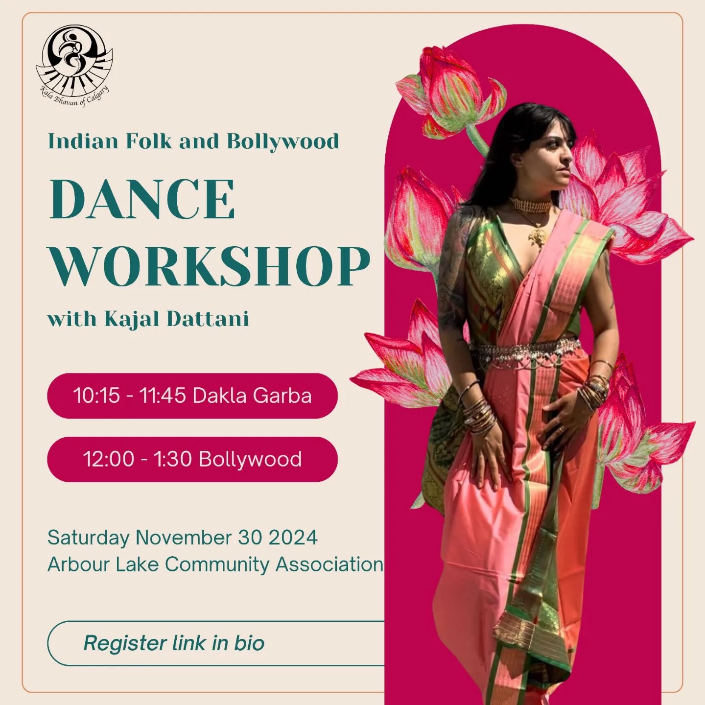 WORKSHOP ALERT 🚨 NOVEMBER 30 🚨
$10 per workshop! Early bird tickets available until November 20.
🎟️ Registration link in bio
📍 Arbour Lake Community Centre
📆 Saturday November 30
Dakla Garba Workshop
⏰ 10:15 - 11:45 AM
Bollywood Workshop
⏰ 12 - 1:30 PM
.
.
.
.
#kbc #kalabhavanofcalgary #yycdance #garba #bollywood #workshop #indiandance