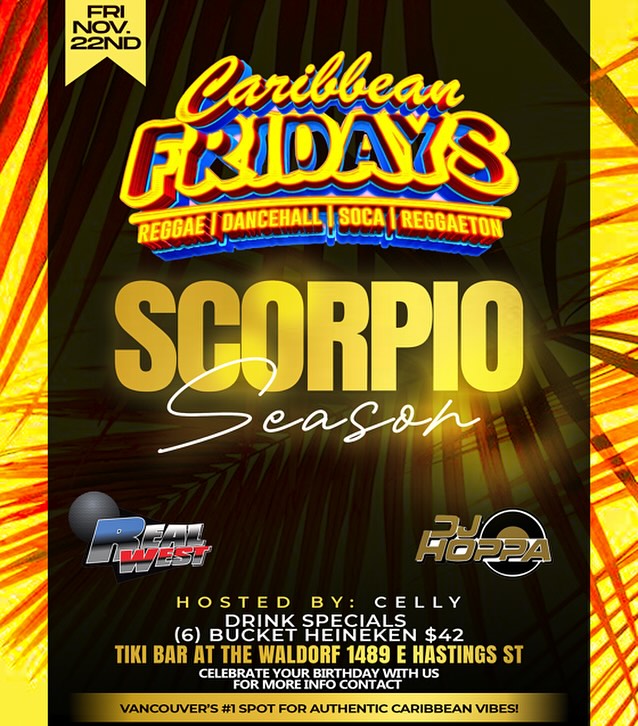 🌴💃 Feel the Caribbean heat next Friday, Nov 22nd at Tiki Bar at The Waldorf! It’s SCORPIO Season, so come celebrate with us at Caribbean Fridays! Enjoy reggae, dancehall, soca, and reggaeton beats spun by DJ Hoppa. Don’t miss our drink specials: $42 for a bucket of Heineken! Hosted by Celly. 🎉