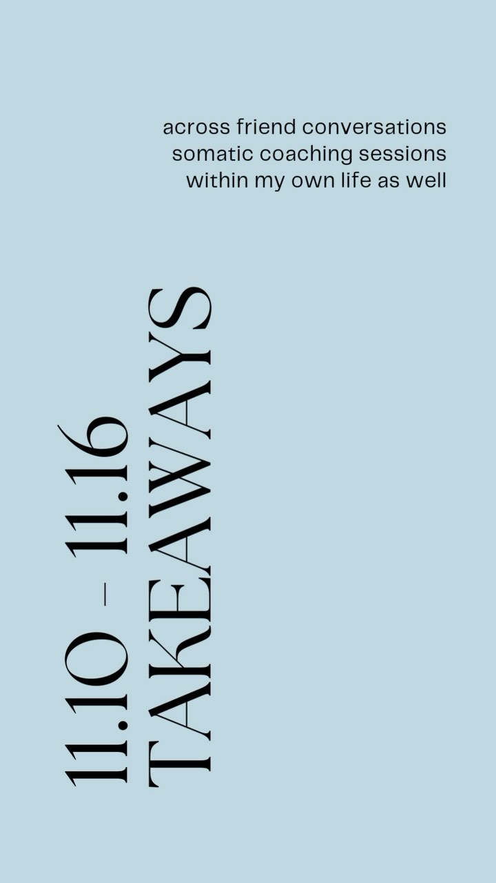 Takeaways: 11.10.24 to 11.17.24
These were compiled across friend conversations, somatic coaching sessions & within my own life as well.
…
Take what resonates, leave the rest & know that you are not alone. These themes are so incredibly prevalent right now. What if we realized that resilience is not about “pushing through” but about building capacity to be with whatever is present? Community is so needed right now but this is not to replace our connection with ourselves. We have to build our internal capacity in order to have the external impact we are craving. Maintaining the both/and approach to being with others WHILE being with ourselves.
…
🎶: @igoldford
…
#kaiaevolutions #alchemyinmotion #embodiedalignment #intersectional #intersectionality #embodiedbeliefs #somaticintegration #nervoussystemregulation #embodimentpractices #hope #hopecoaching #healingopportunitiesprocessingemotions #trustyourself #afeelingoftrust #empatheticwitness #empatheticwitnessing