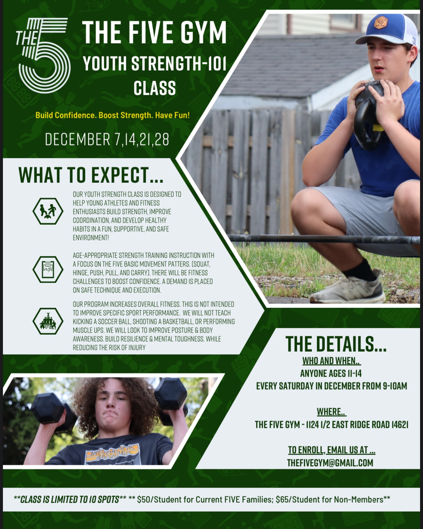Our most requested offering is live 👀.
Email us to register thefivegym@gmail.com
Space is limited to 10 students 🏃🏼♂️
Teach / Connect / Grow
==============
Join us $30 for 30 Days of Unlimited classes
🎟: (Link in Bio)
#fitness #coaching #gym #health #roc #585 #crossfit #strength #conditioning #yoga #teach #connect #grow #thisisroc #roctopshots #irondequoit #trainer #Westside #Inspo #FitFam #GPP #deadlift #squat #Bench #snatch #clean #running #election